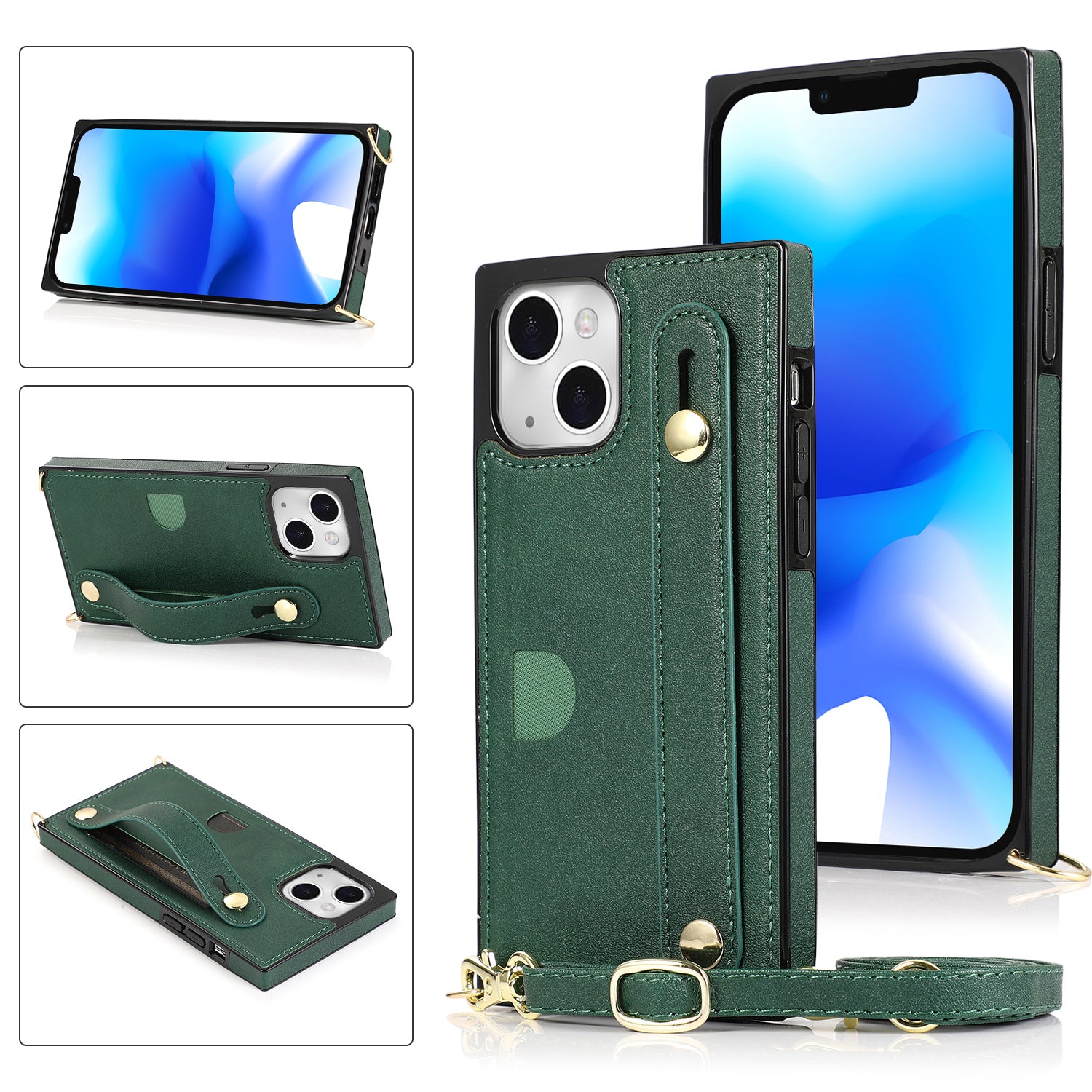 For iPhone 14 Plus Case Shockproof PU Leather Coated TPU Strap Kickstand Protective Back Cover - Rose Gold