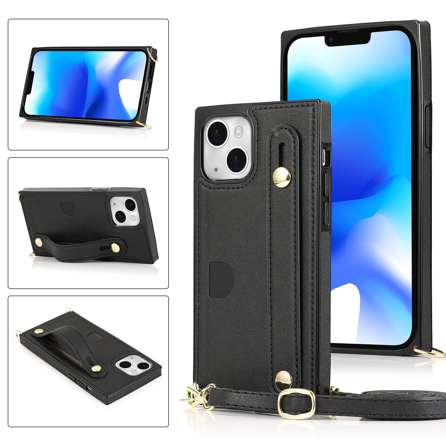 For iPhone 14 Plus Case Shockproof PU Leather Coated TPU Strap Kickstand Protective Back Cover - Rose Gold
