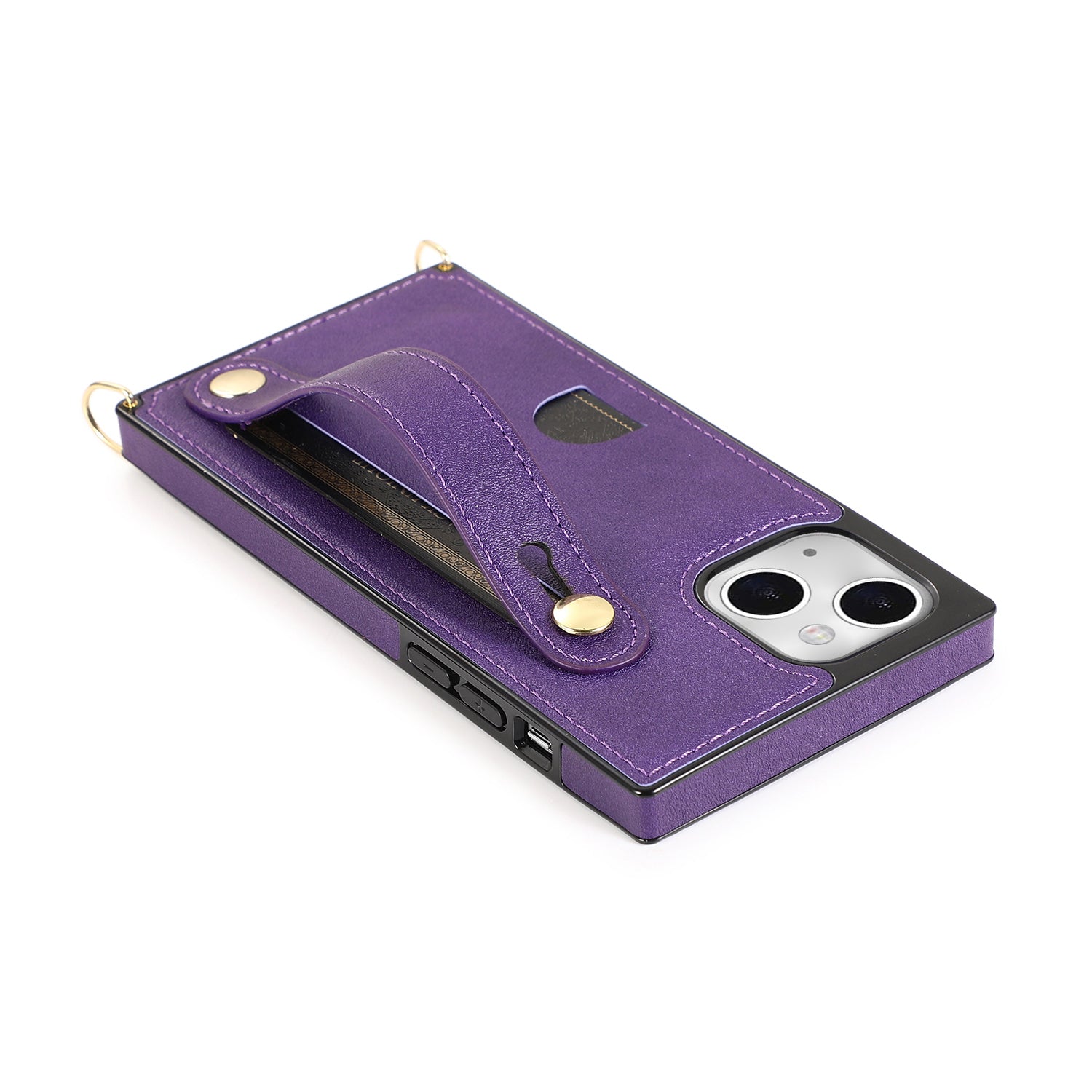 PU Leather+TPU Case for iPhone 14 Phone Cover Anti-drop Card Slot Strap Kickstand Crossbody Shell - Purple