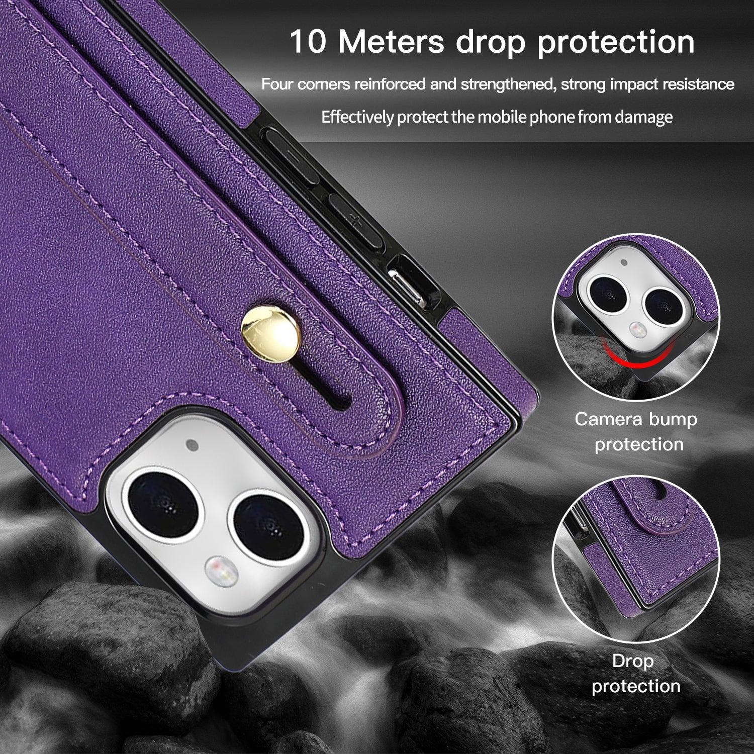 PU Leather+TPU Case for iPhone 14 Phone Cover Anti-drop Card Slot Strap Kickstand Crossbody Shell - Purple