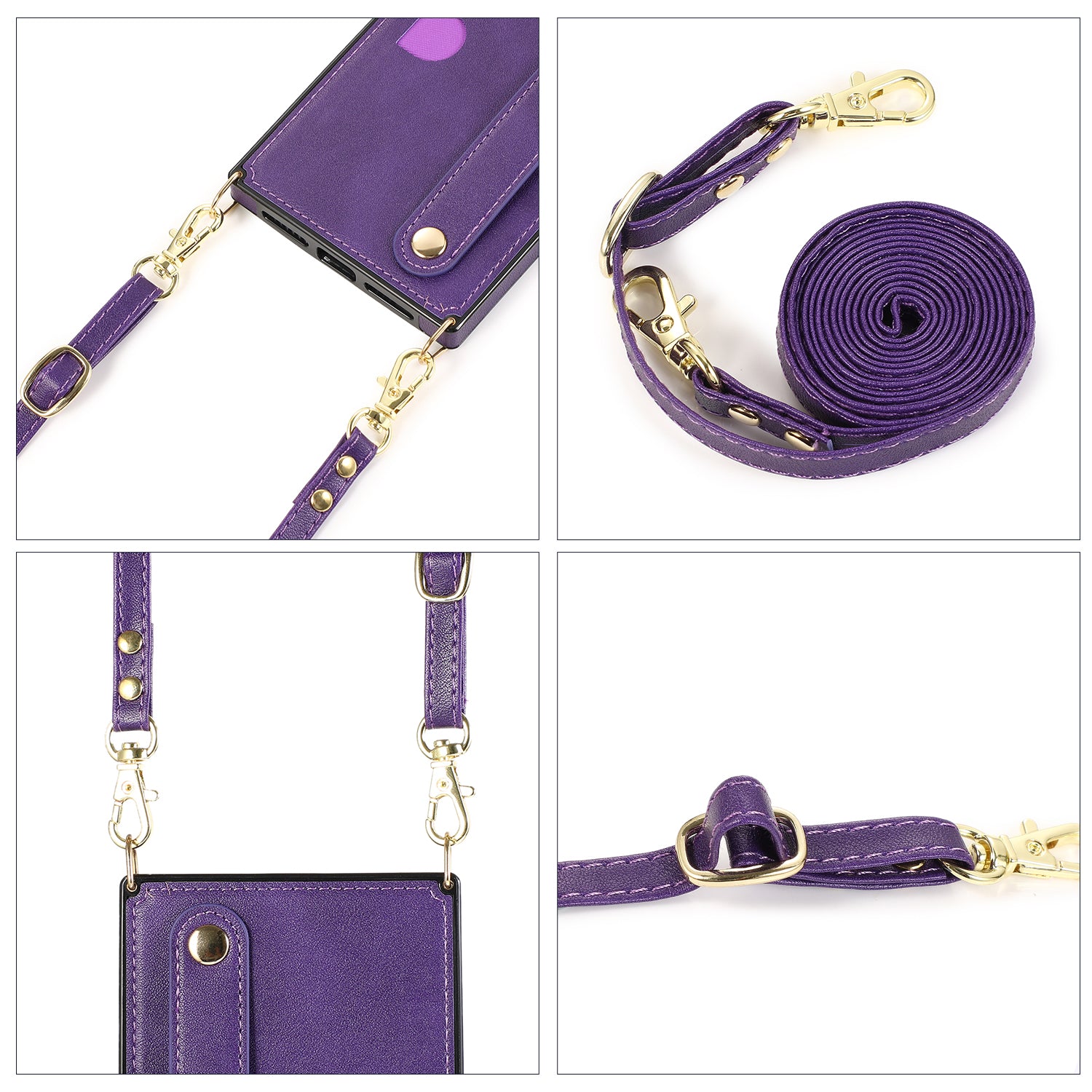 PU Leather+TPU Case for iPhone 14 Phone Cover Anti-drop Card Slot Strap Kickstand Crossbody Shell - Purple