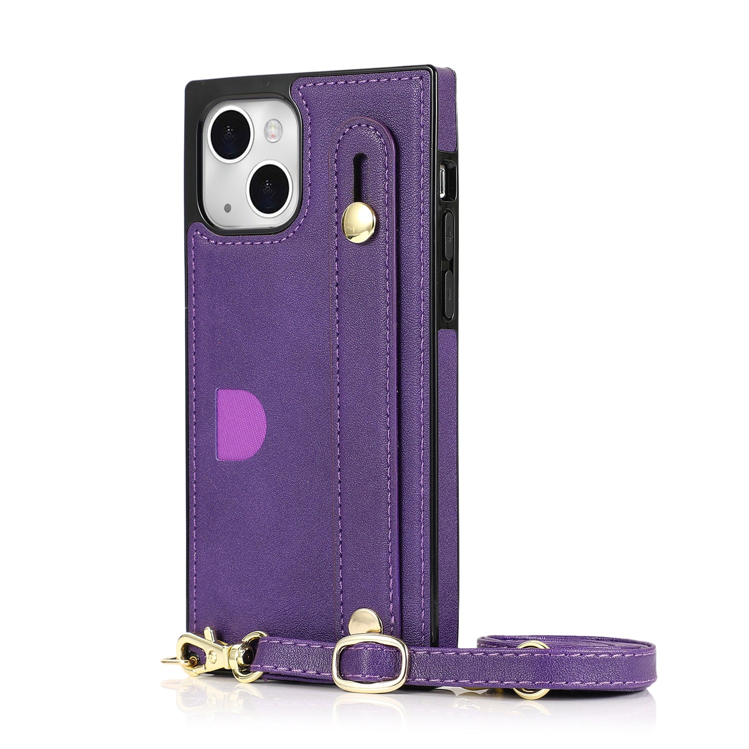 PU Leather+TPU Case for iPhone 14 Phone Cover Anti-drop Card Slot Strap Kickstand Crossbody Shell - Purple