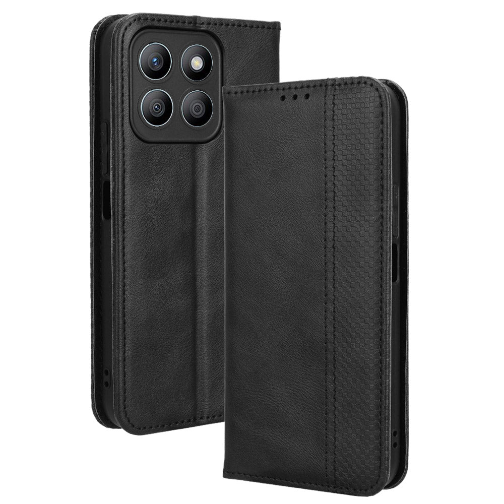 For Honor X8b 4G Cell Phone Case Retro Texture Imprinted Wallet PU Leather Stand Cover - Black