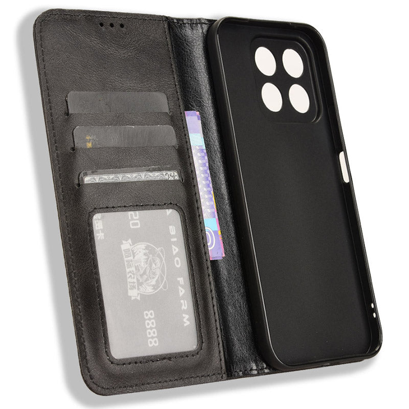 For Honor X8b 4G Cell Phone Case Retro Texture Imprinted Wallet PU Leather Stand Cover - Black