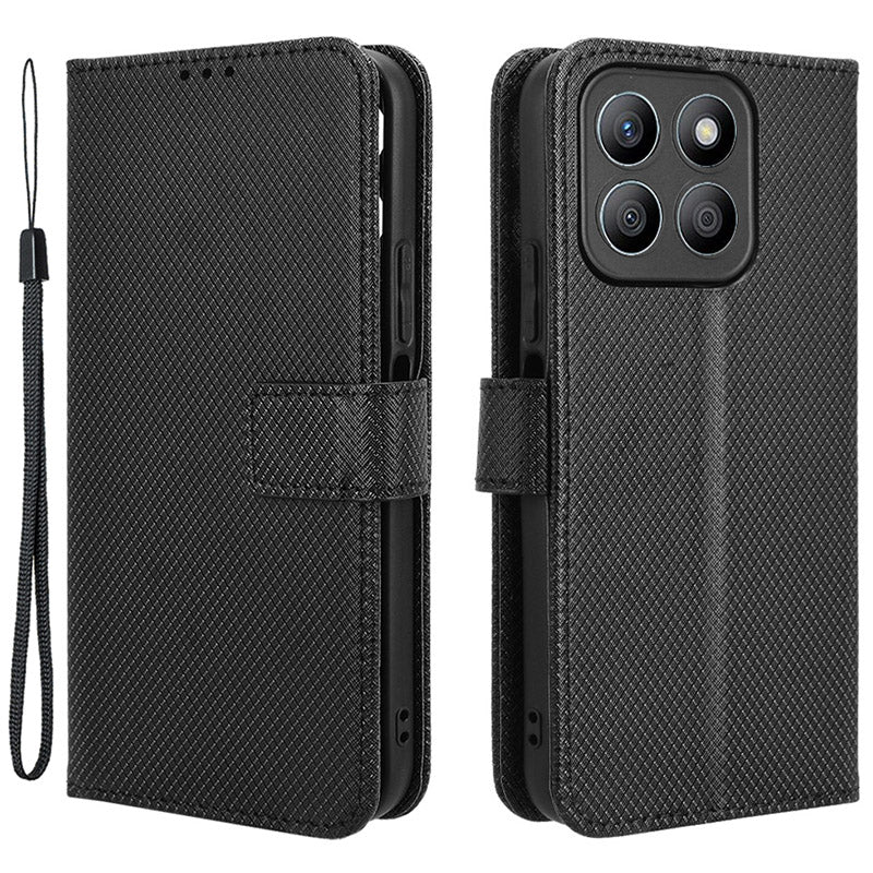 For Honor X8b 4G Cell Phone Case Wallet Leather Cover Diamond Texture Shockproof Shell - Black