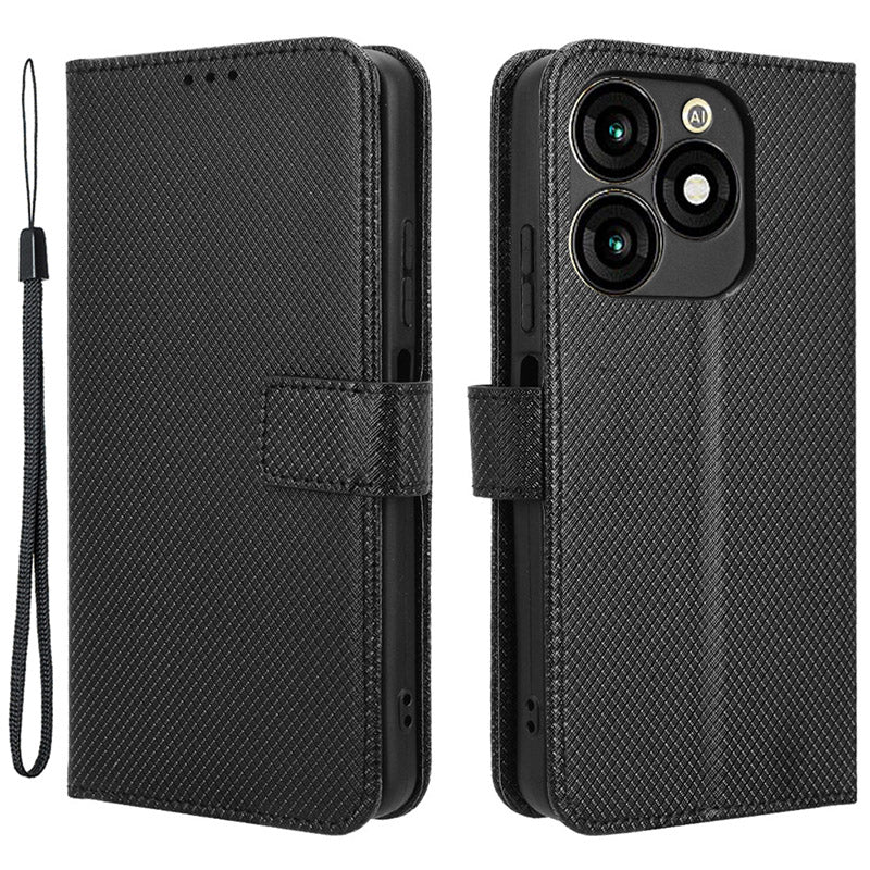 For Transsion itel A70 A665L Cell Phone Case Diamond Texture Leather Wallet Shockproof Cover with Strap - Black