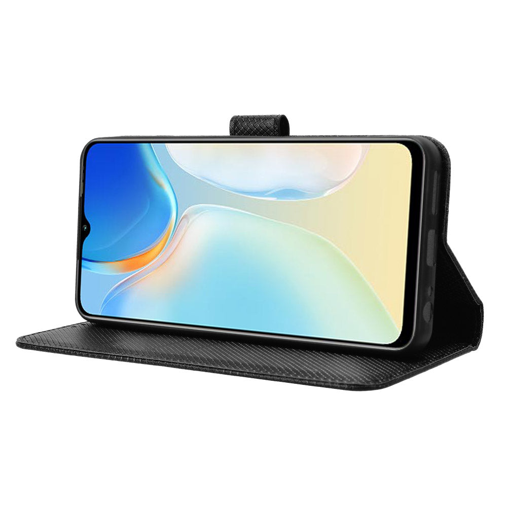 For Transsion itel A70 A665L Cell Phone Case Diamond Texture Leather Wallet Shockproof Cover with Strap - Black