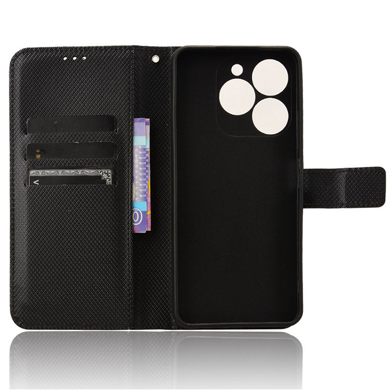 For Transsion itel A70 A665L Cell Phone Case Diamond Texture Leather Wallet Shockproof Cover with Strap - Black