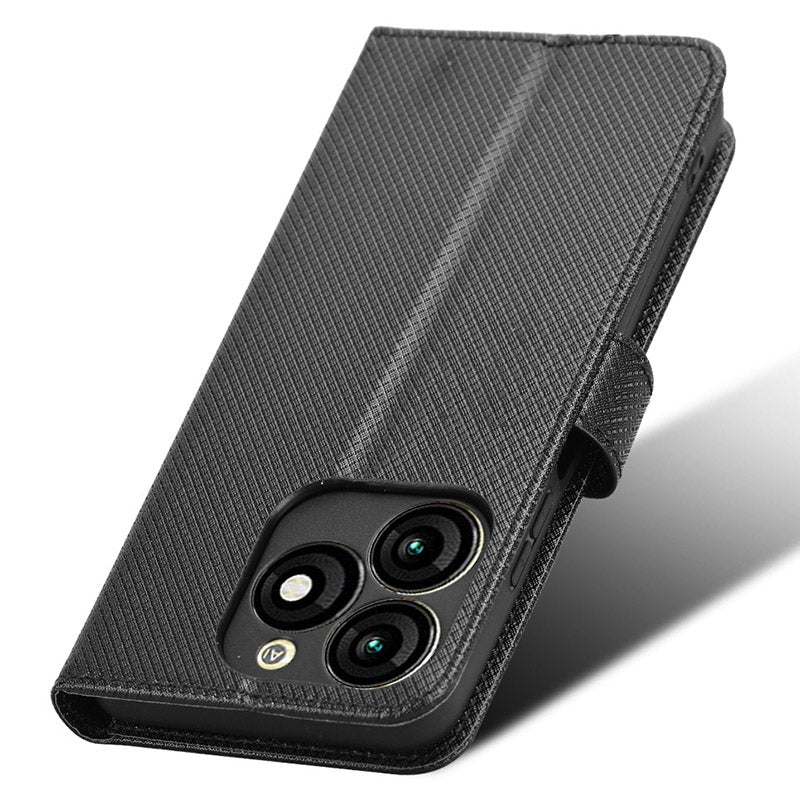 For Transsion itel A70 A665L Cell Phone Case Diamond Texture Leather Wallet Shockproof Cover with Strap - Black