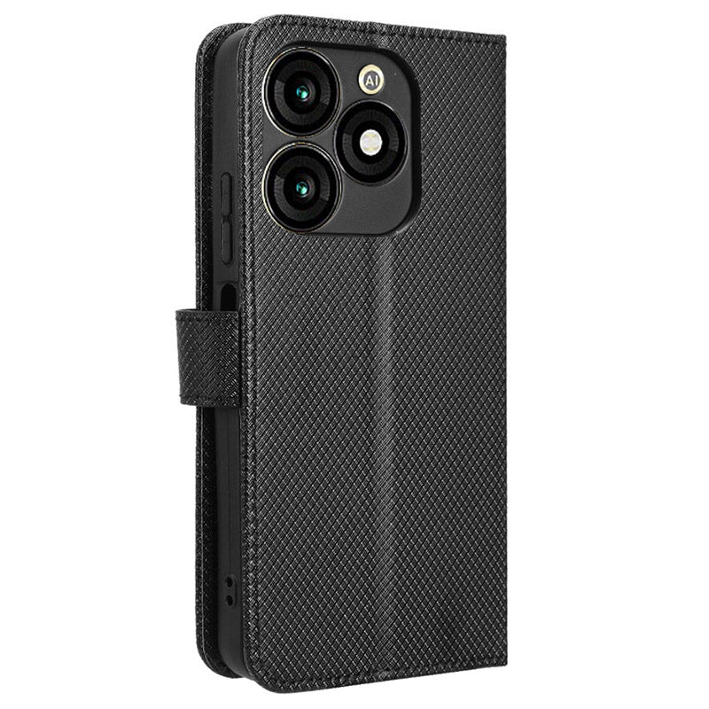 For Transsion itel A70 A665L Cell Phone Case Diamond Texture Leather Wallet Shockproof Cover with Strap - Black