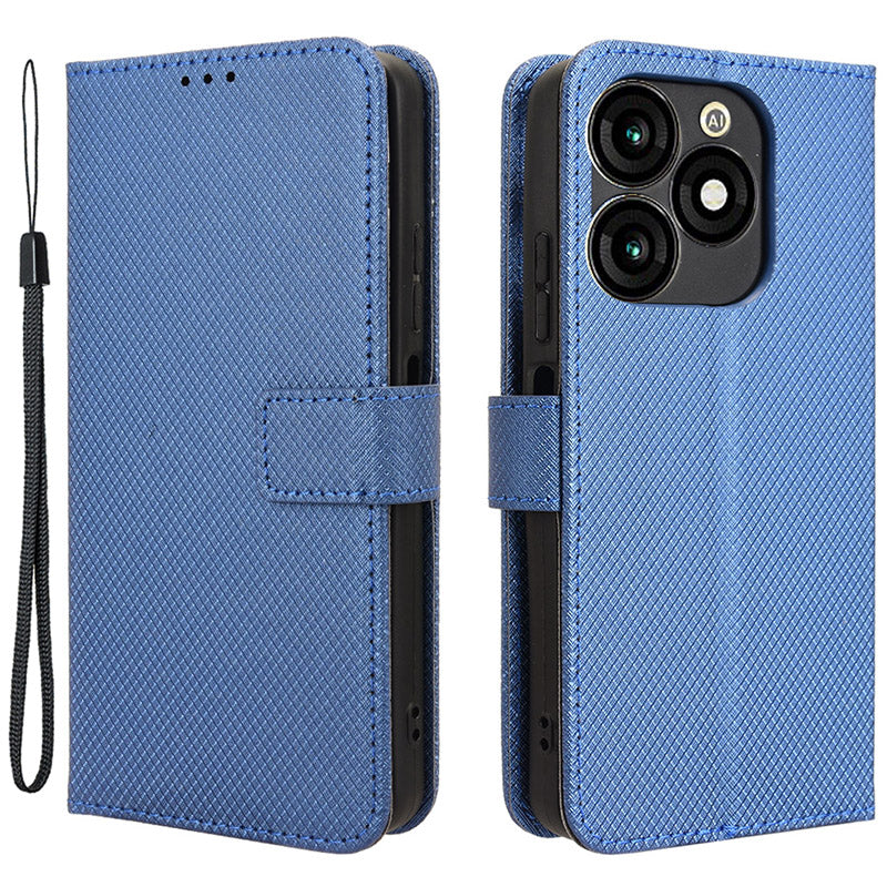 For Transsion itel A70 A665L Cell Phone Case Diamond Texture Leather Wallet Shockproof Cover with Strap - Black