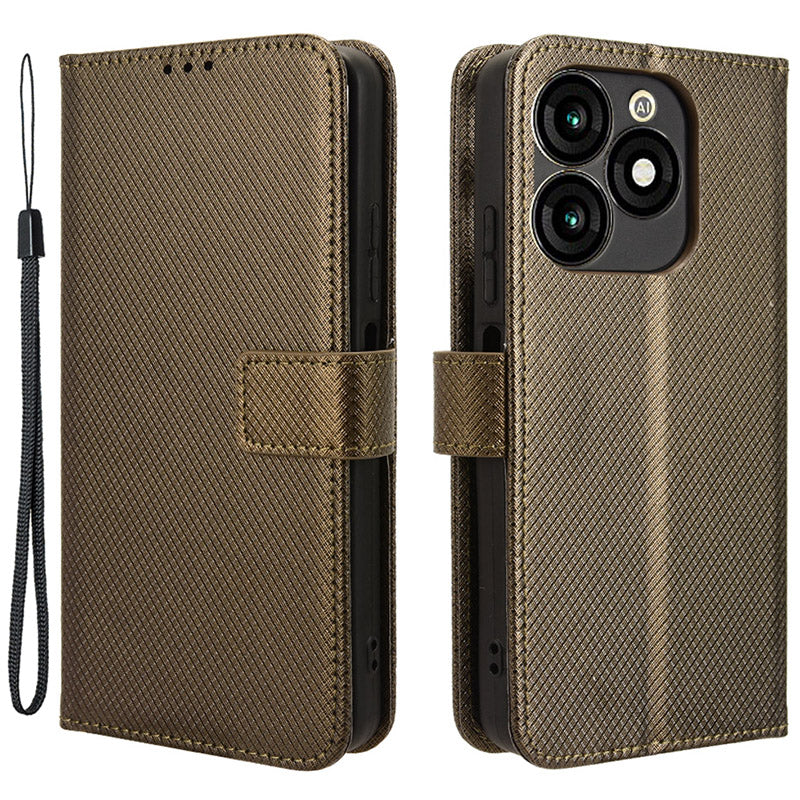 For Transsion itel A70 A665L Cell Phone Case Diamond Texture Leather Wallet Shockproof Cover with Strap - Black