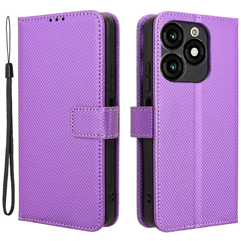 For Transsion itel A70 A665L Cell Phone Case Diamond Texture Leather Wallet Shockproof Cover with Strap - Black