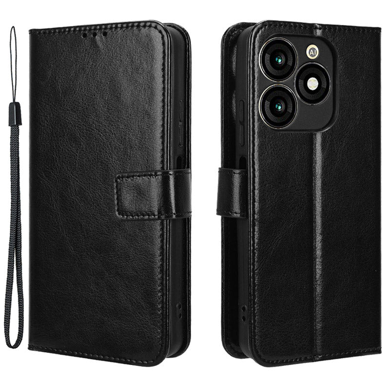 For Transsion itel A70 A665L Case Crazy Horse Texture Leather Wallet Stand Magnetic Clasp Mobile Phone Cover - Black