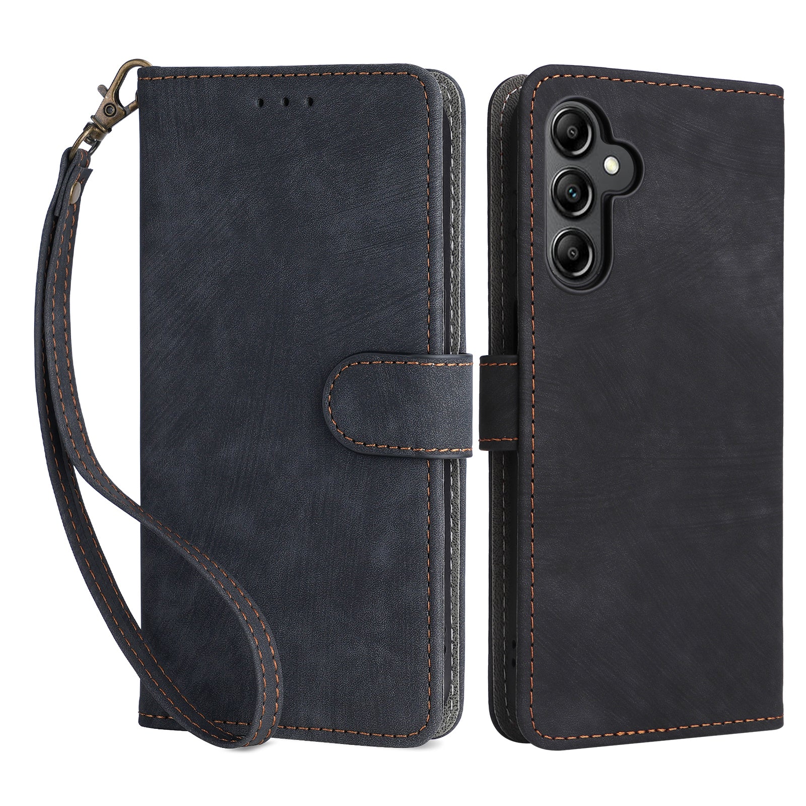 For Samsung Galaxy A15 5G / 4G Case RFID Blocking Phone Stand Cover Card Pouch with Hand Strap - Black