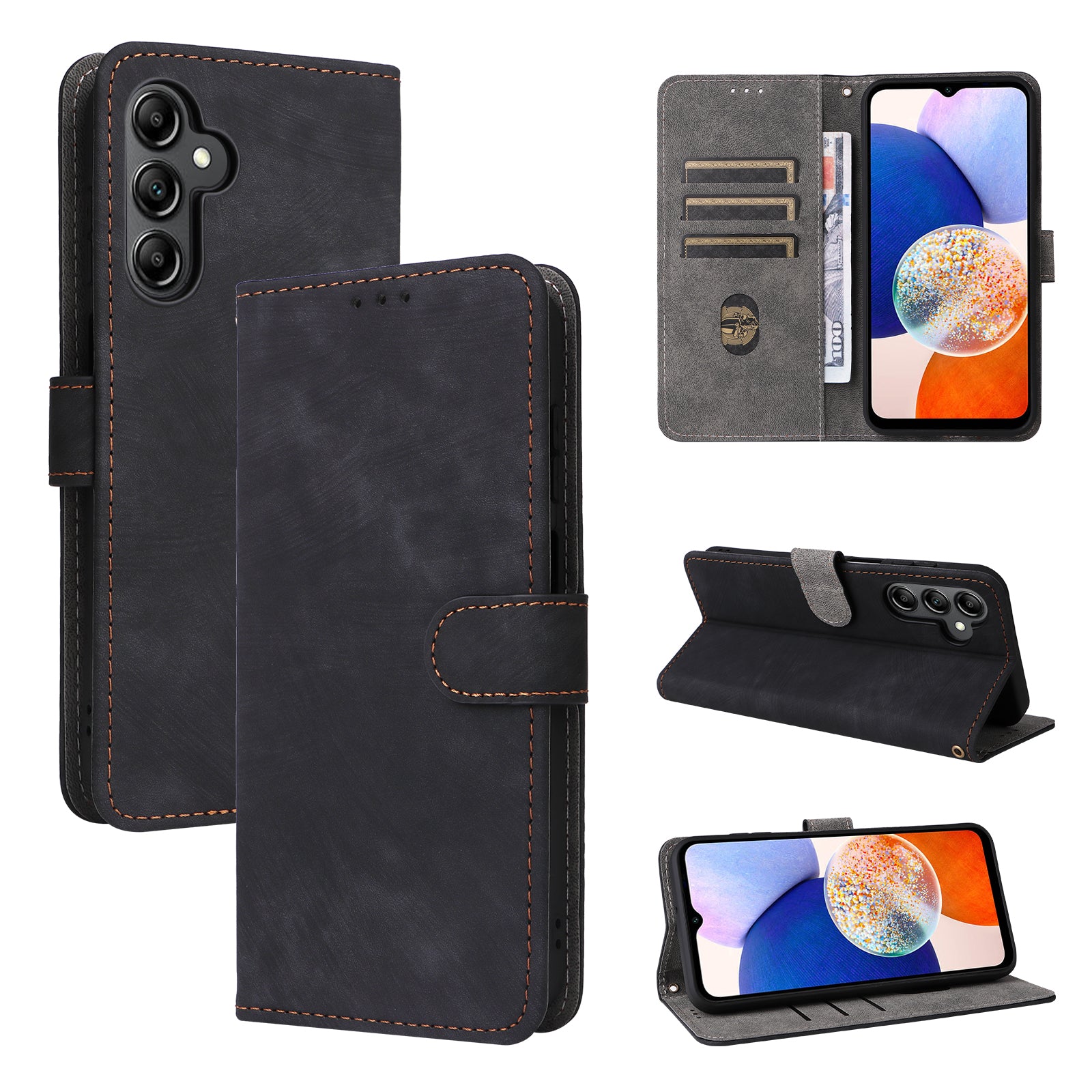 For Samsung Galaxy A15 5G / 4G Case RFID Blocking Phone Stand Cover Card Pouch with Hand Strap - Black