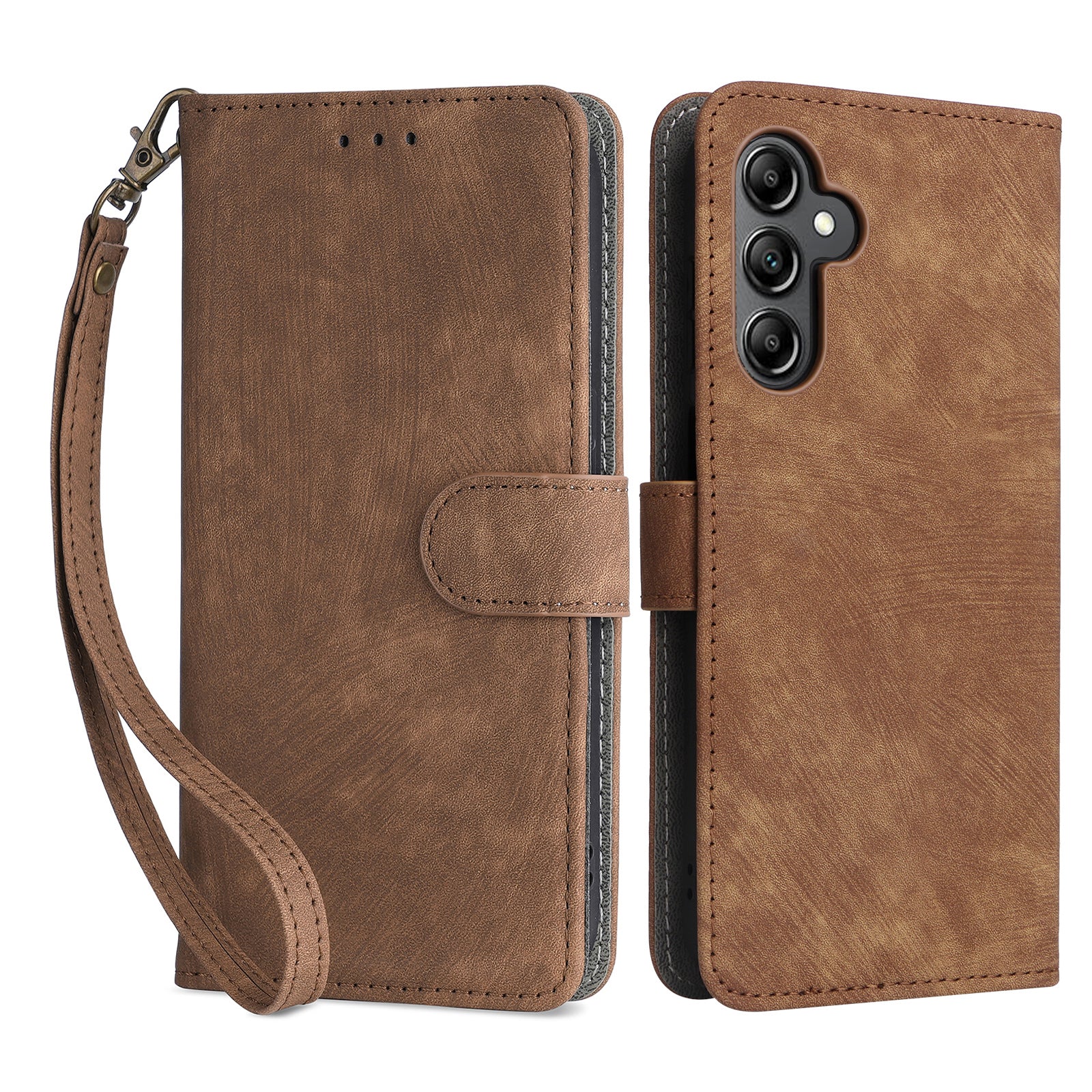 For Samsung Galaxy A15 5G / 4G Case RFID Blocking Phone Stand Cover Card Pouch with Hand Strap - Black