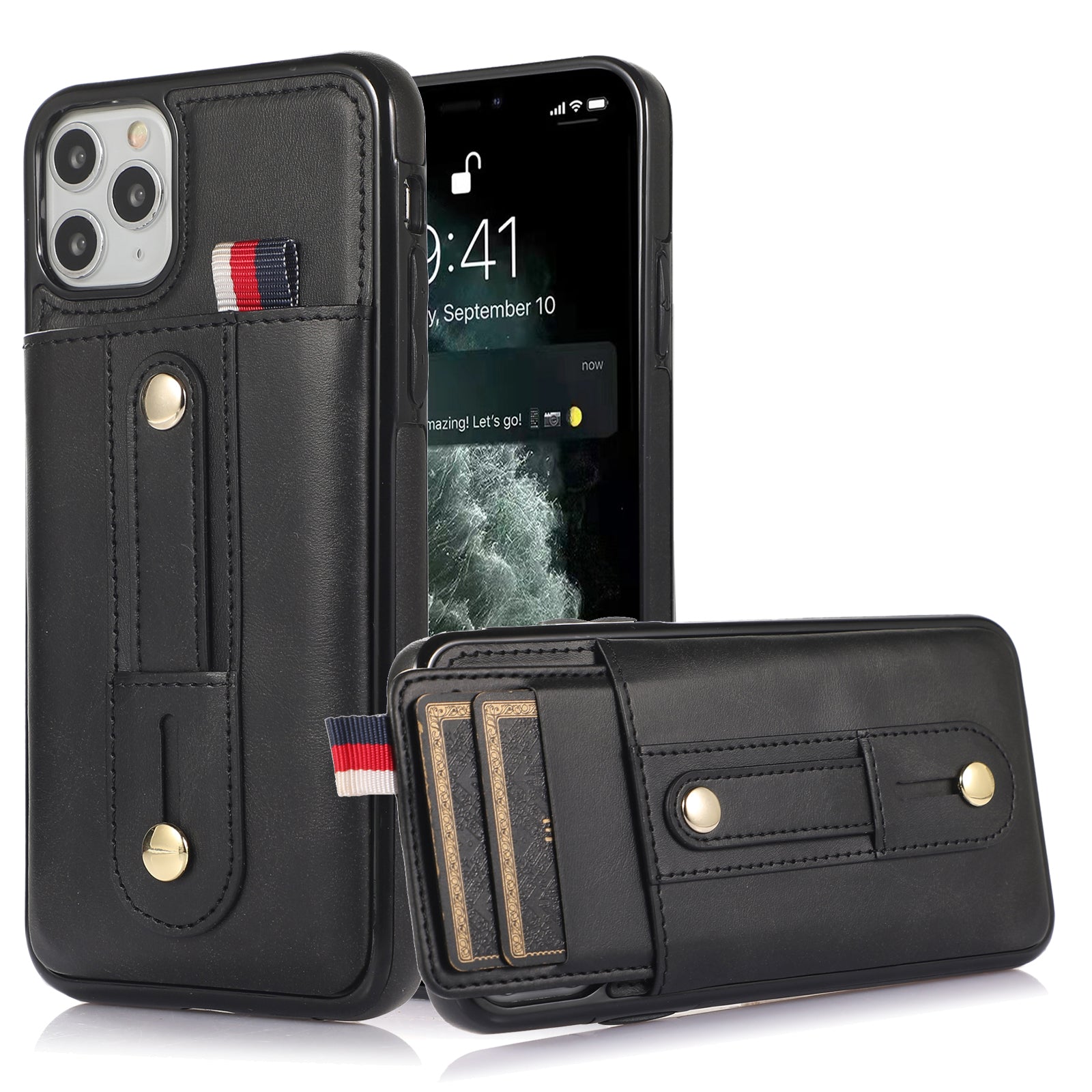 For iPhone 11 Pro Max Case PU Leather+TPU Card Holder Phone Cover with Retractable Strap Kickstand - Black