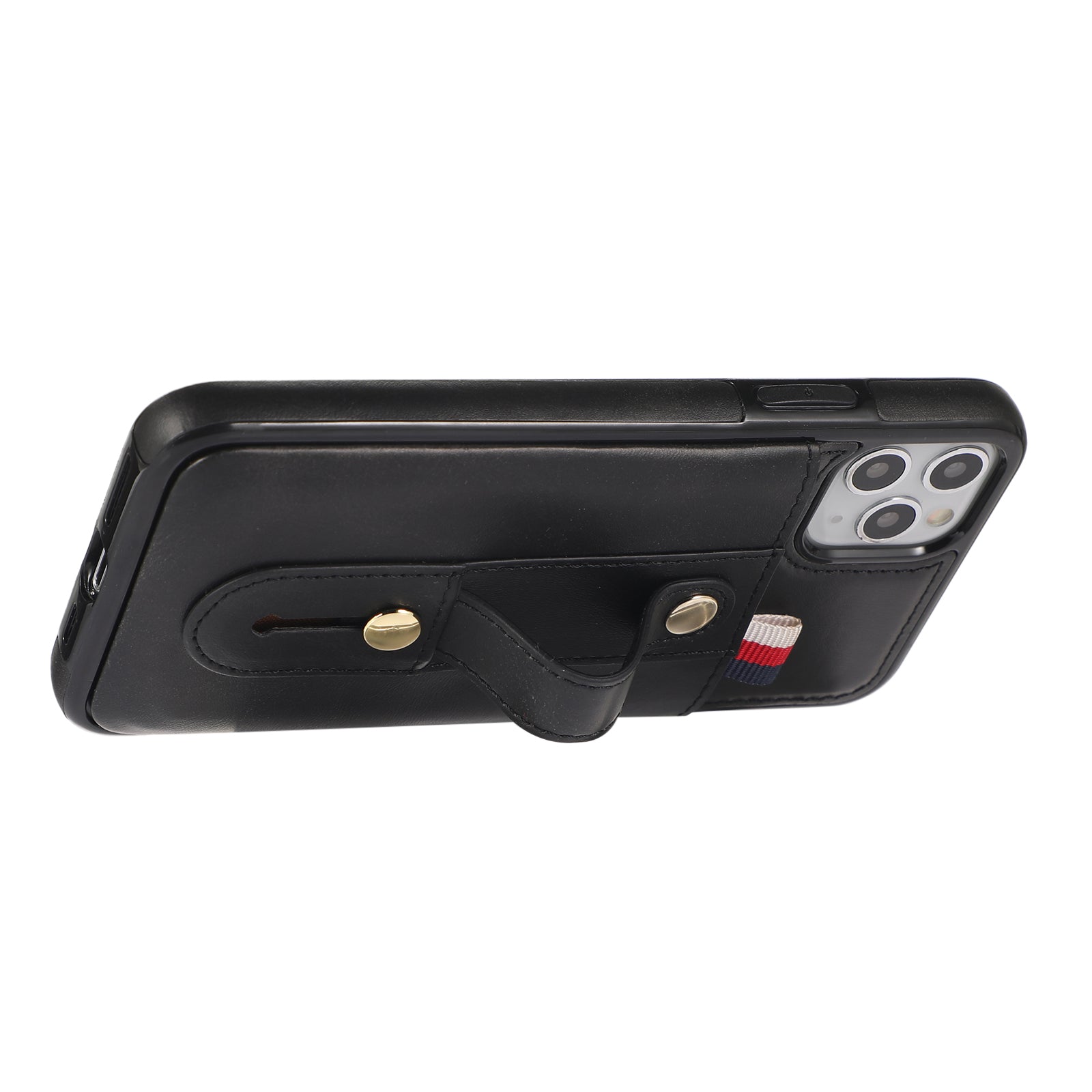 For iPhone 11 Pro Max Case PU Leather+TPU Card Holder Phone Cover with Retractable Strap Kickstand - Black