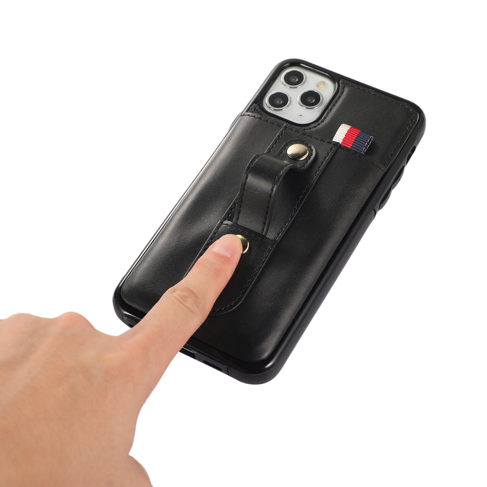 For iPhone 11 Pro Max Case PU Leather+TPU Card Holder Phone Cover with Retractable Strap Kickstand - Black