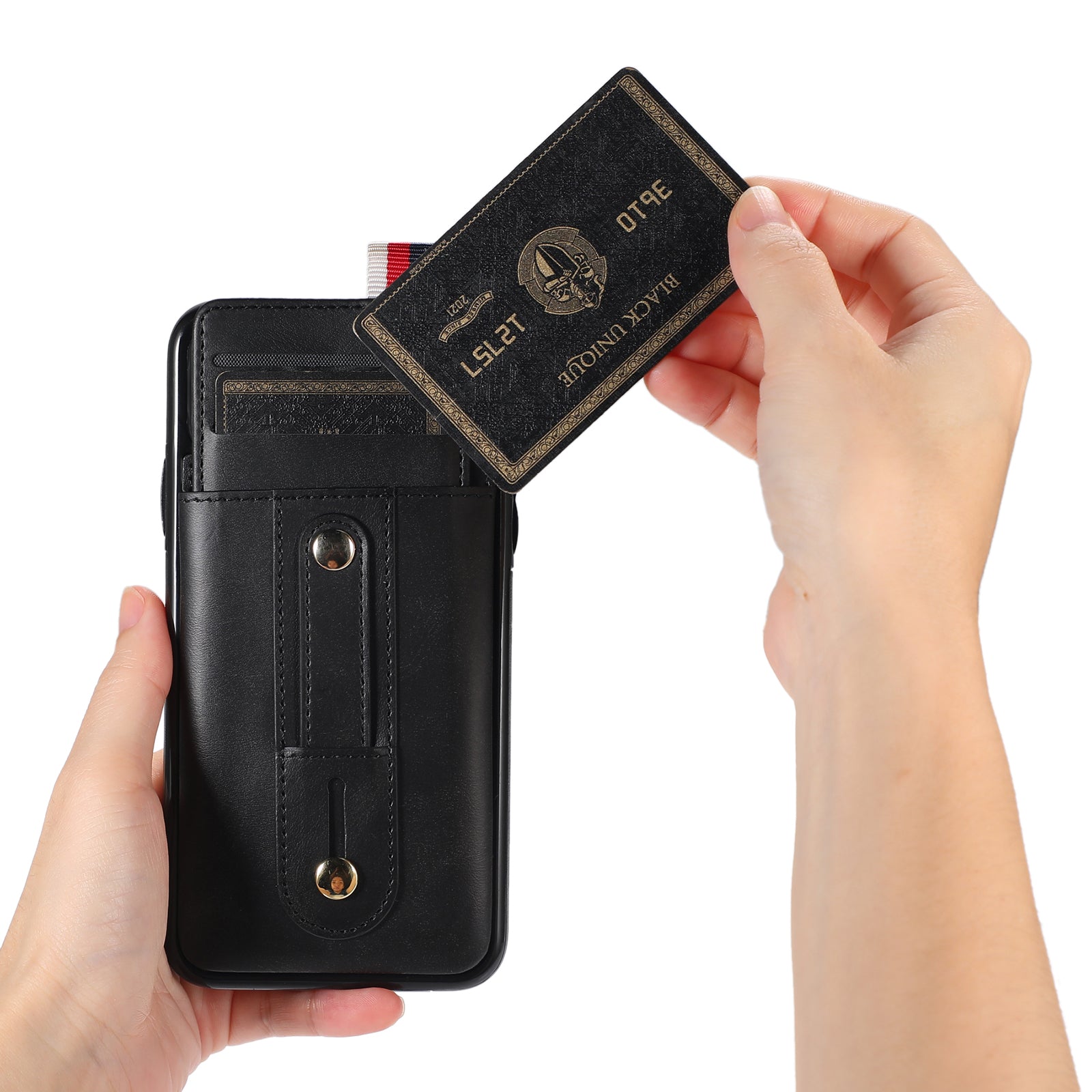 For iPhone 11 Pro Max Case PU Leather+TPU Card Holder Phone Cover with Retractable Strap Kickstand - Black