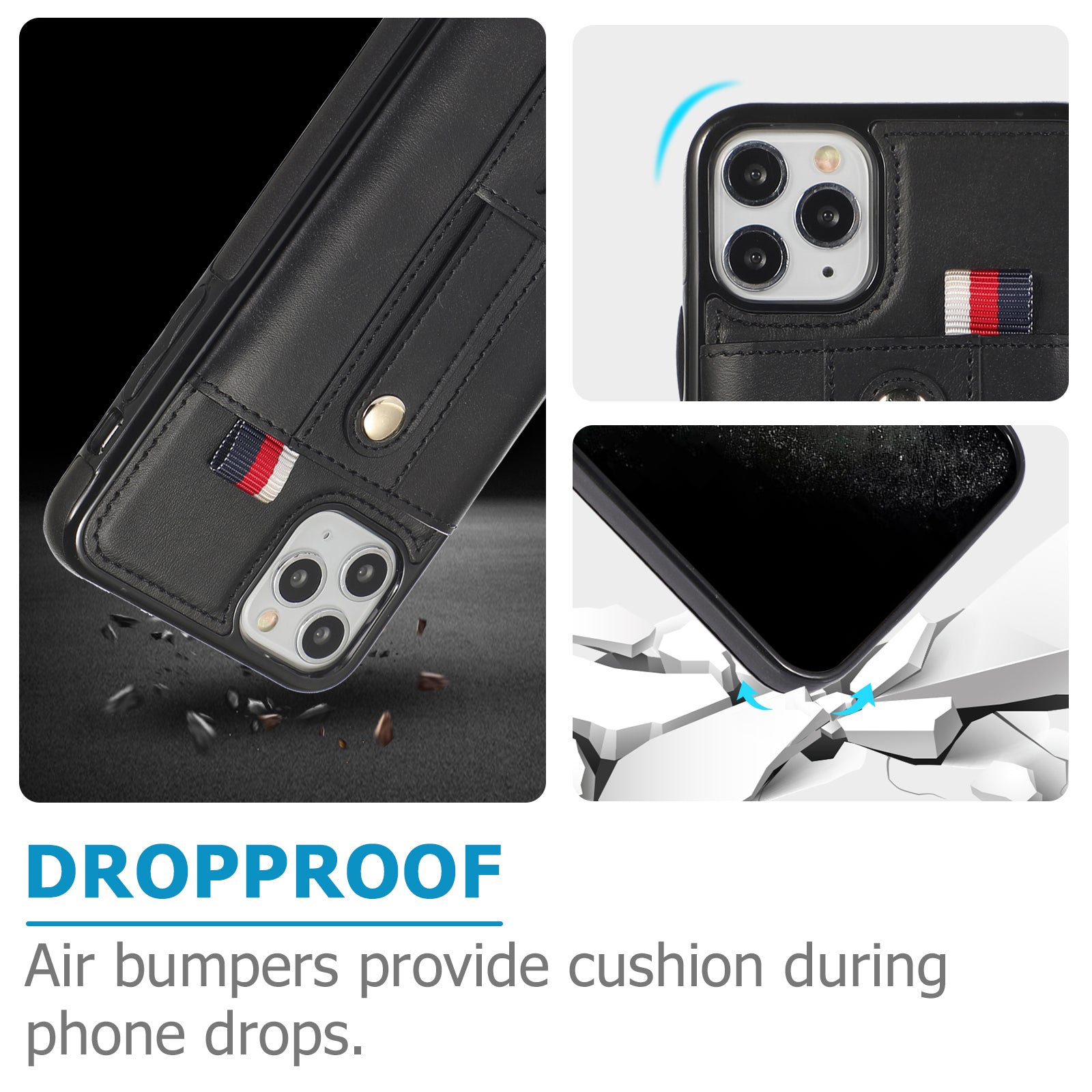 For iPhone 11 Pro Max Case PU Leather+TPU Card Holder Phone Cover with Retractable Strap Kickstand - Black