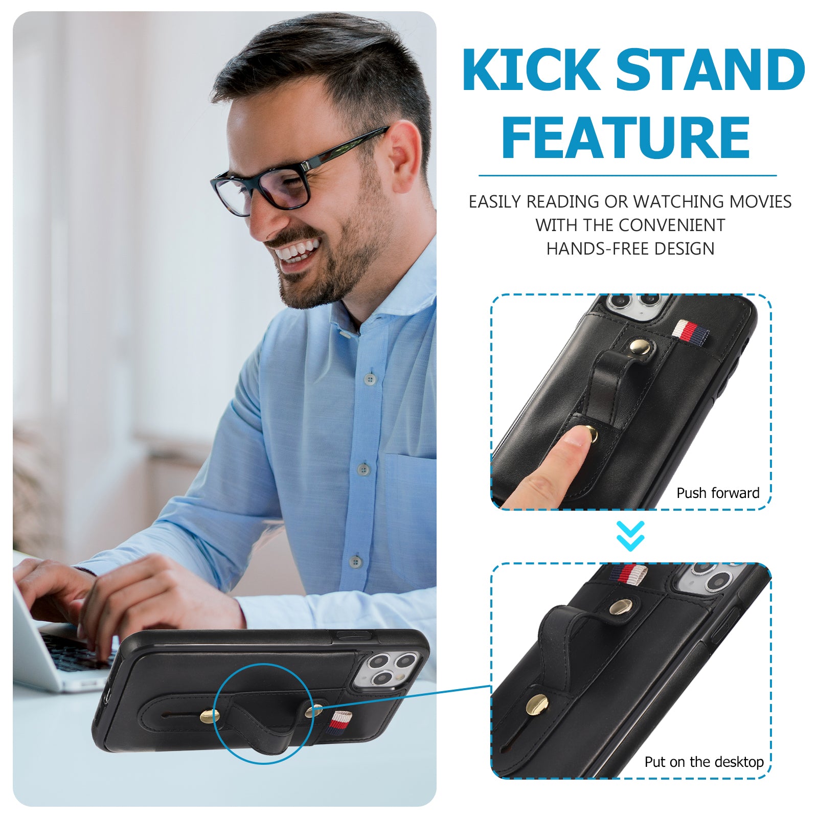 For iPhone 11 Pro Max Case PU Leather+TPU Card Holder Phone Cover with Retractable Strap Kickstand - Black