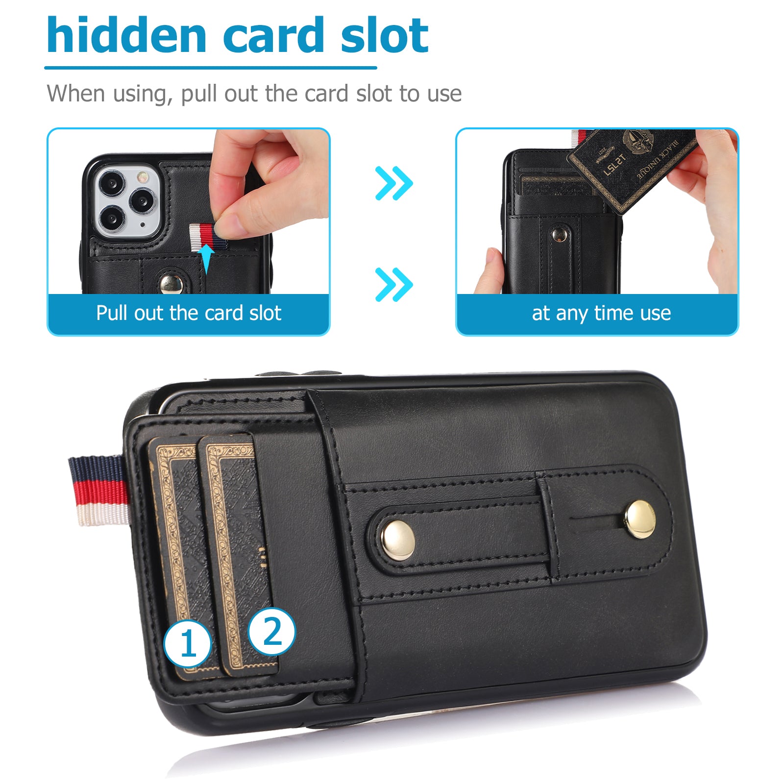 For iPhone 11 Pro Max Case PU Leather+TPU Card Holder Phone Cover with Retractable Strap Kickstand - Black