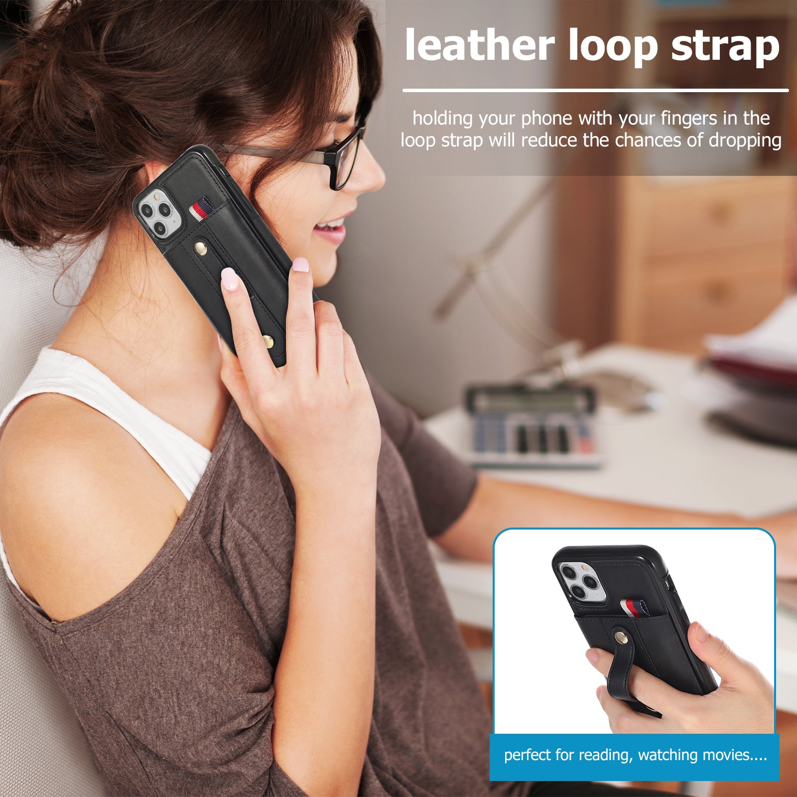 For iPhone 11 Pro Max Case PU Leather+TPU Card Holder Phone Cover with Retractable Strap Kickstand - Black