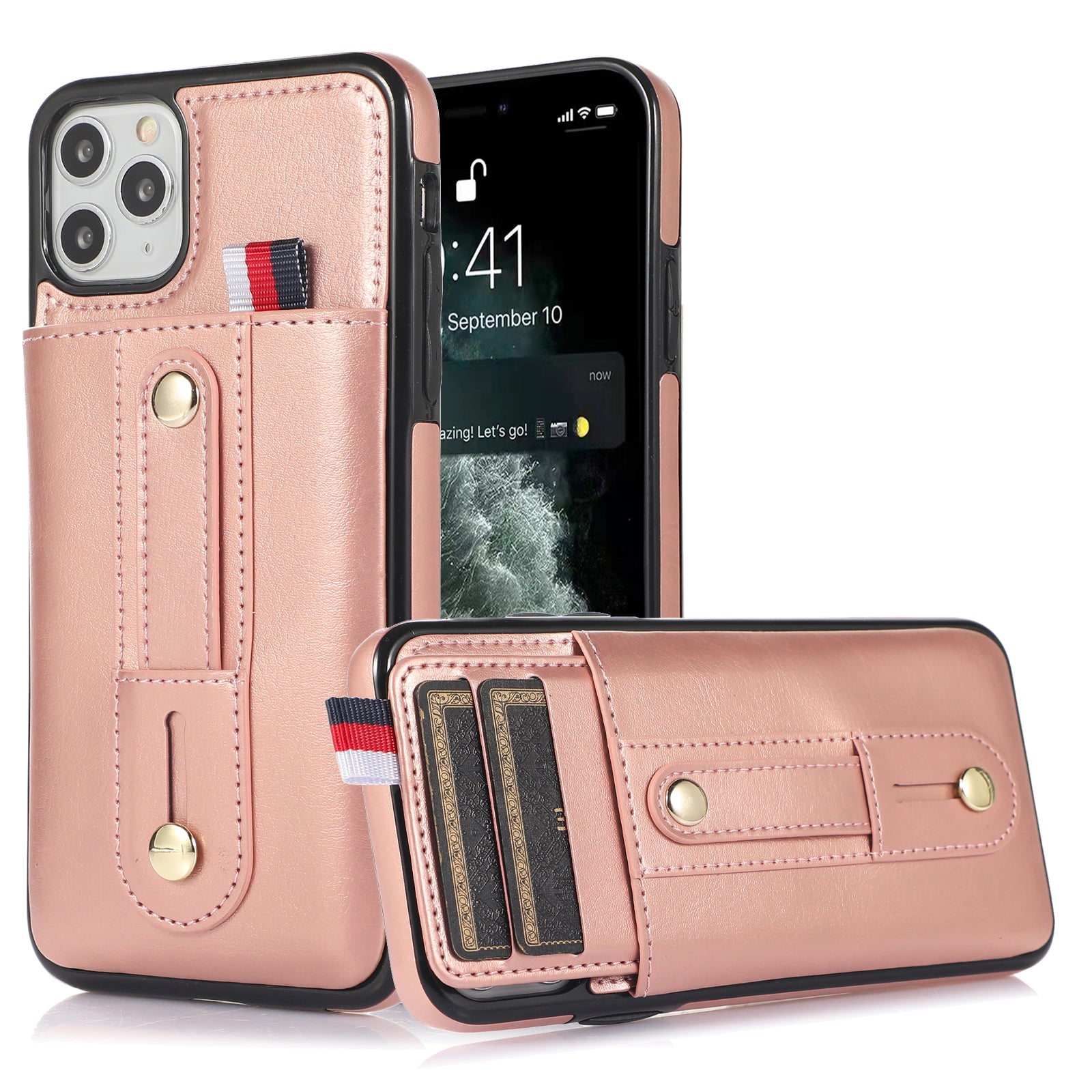 For iPhone 11 Pro Max Case PU Leather+TPU Card Holder Phone Cover with Retractable Strap Kickstand - Black