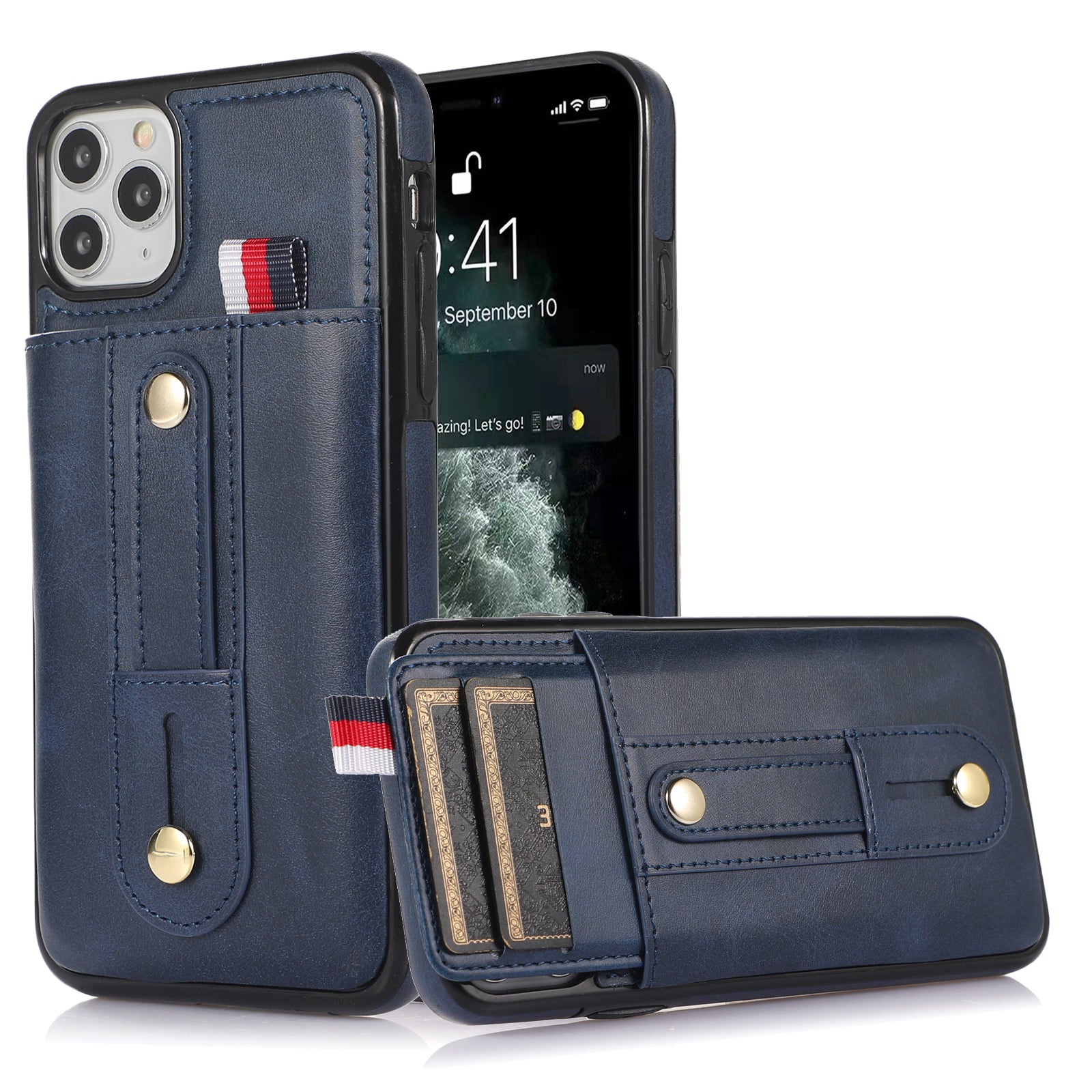 For iPhone 11 Pro Max Case PU Leather+TPU Card Holder Phone Cover with Retractable Strap Kickstand - Black