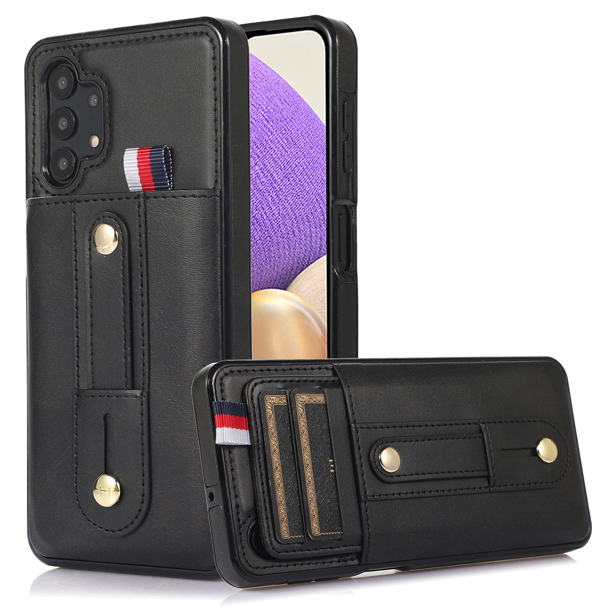 For Samsung Galaxy A33 5G Retro Phone Case Card Holder Kickstand Cover - Black