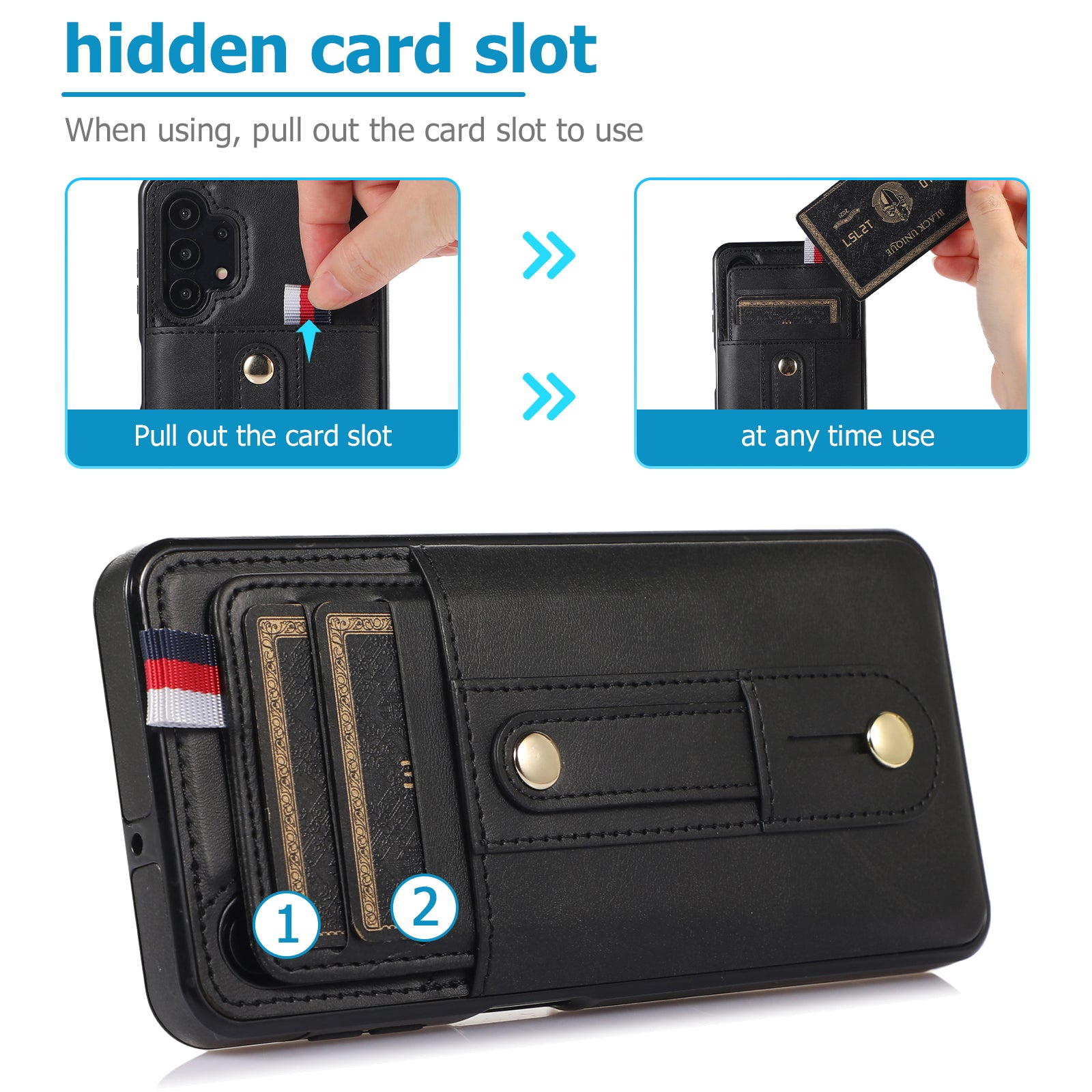 For Samsung Galaxy A33 5G Retro Phone Case Card Holder Kickstand Cover - Black