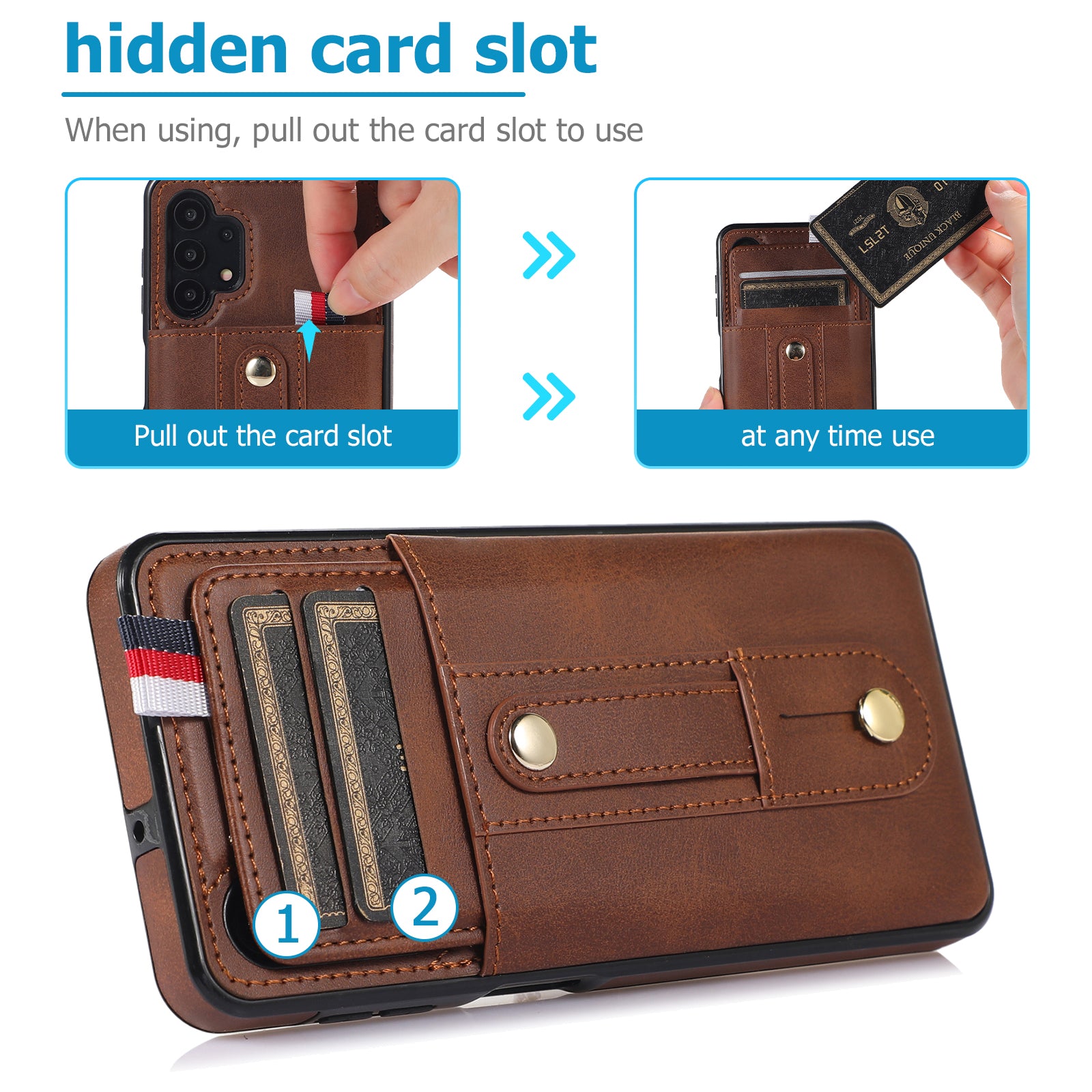 For Samsung Galaxy A73 5G Case Hidden Card Holder Retro PU Leather Coated TPU Phone Cover - Brown