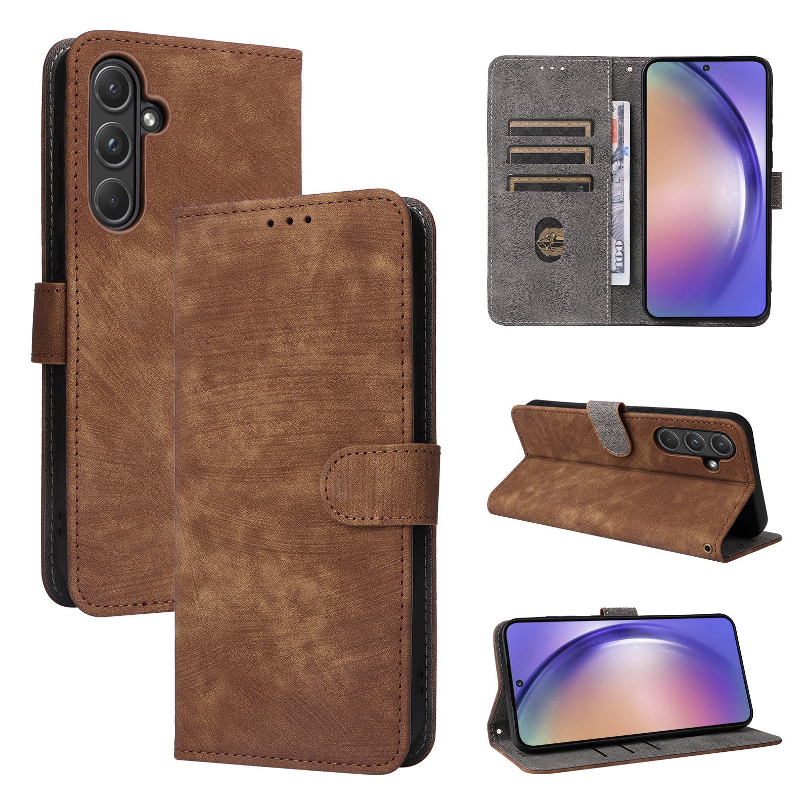 For Samsung Galaxy A55 5G Stand Case Shockproof Shell RFID Blocking Phone Cover Wallet - Brown