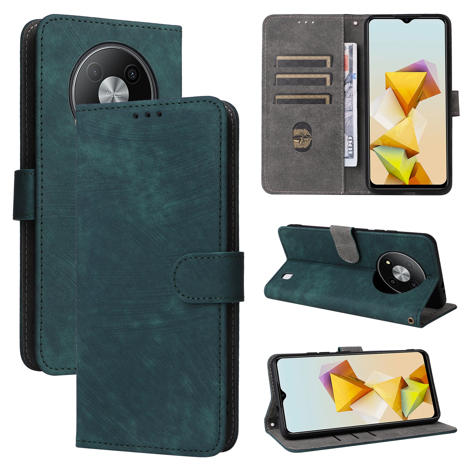 For ZTE Blade A73 5G Case RFID Blocking Card Slots Phone Cover with Hand Strap - Green