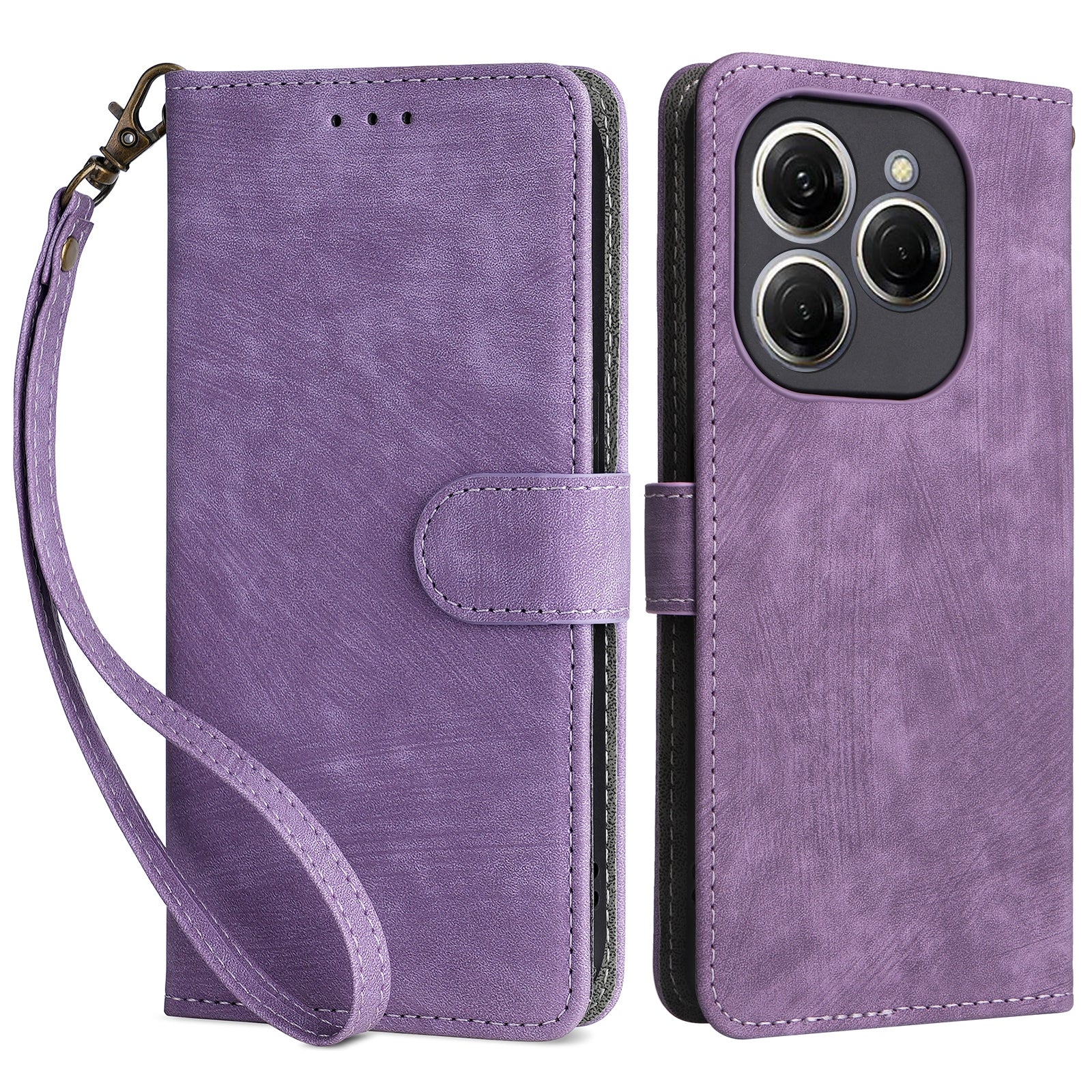 For Transsion Tecno Spark 20 Pro KJ6 Case RFID Blocking PU Leather+TPU Cell Phone Cover with Strap - Purple
