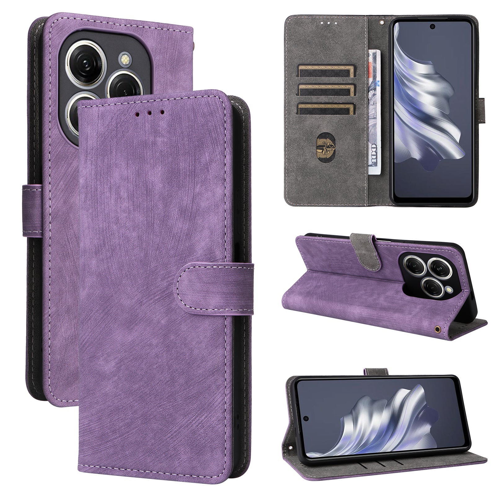 For Transsion Tecno Spark 20 Pro KJ6 Case RFID Blocking PU Leather+TPU Cell Phone Cover with Strap - Purple