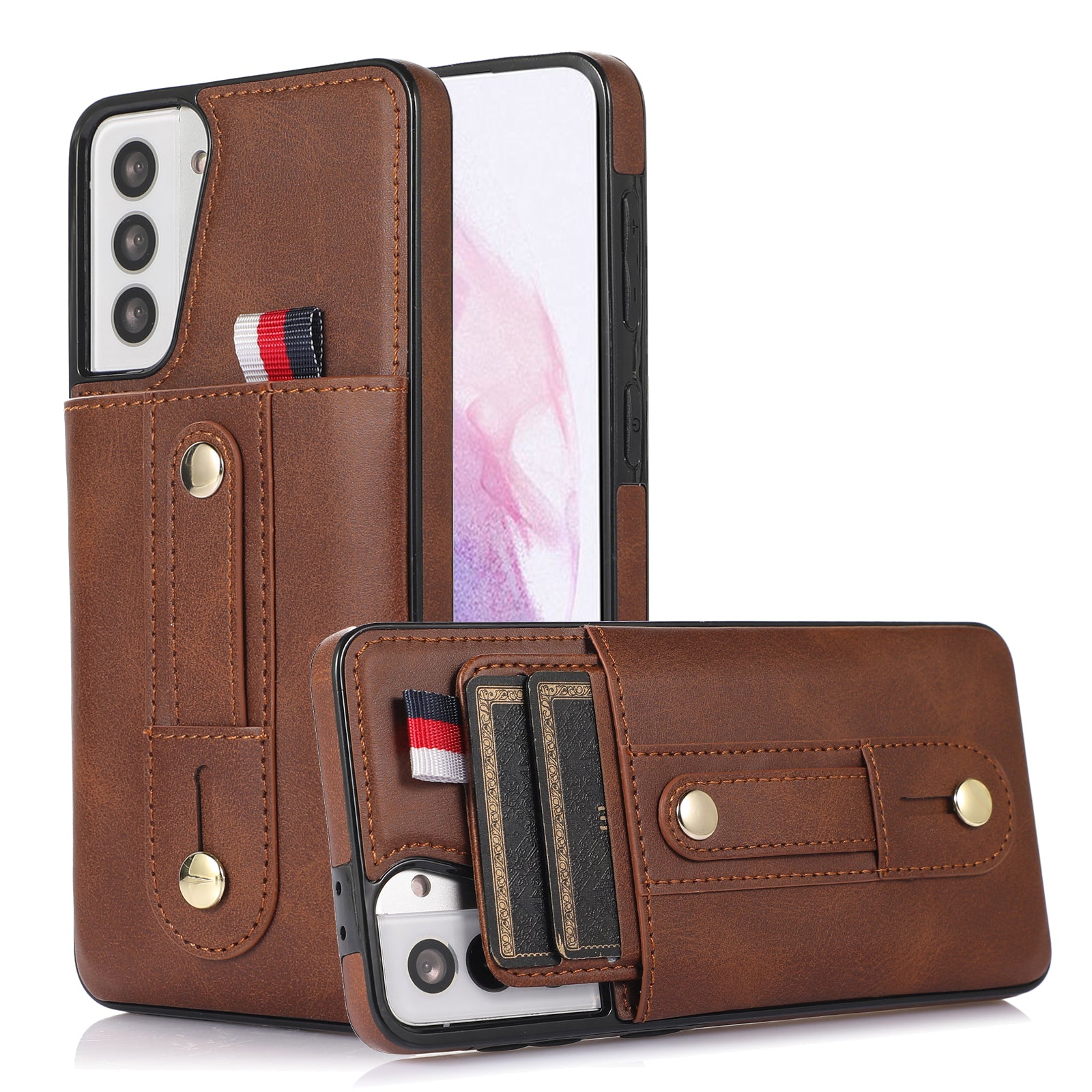 For Samsung Galaxy S21 4G / S21 5G Case Fall-proof Card Holder Phone Cover with Retractable Finger Strap - Brown