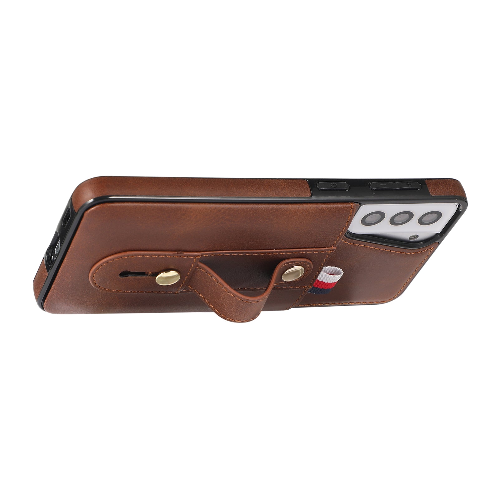 For Samsung Galaxy S21 4G / S21 5G Case Fall-proof Card Holder Phone Cover with Retractable Finger Strap - Brown