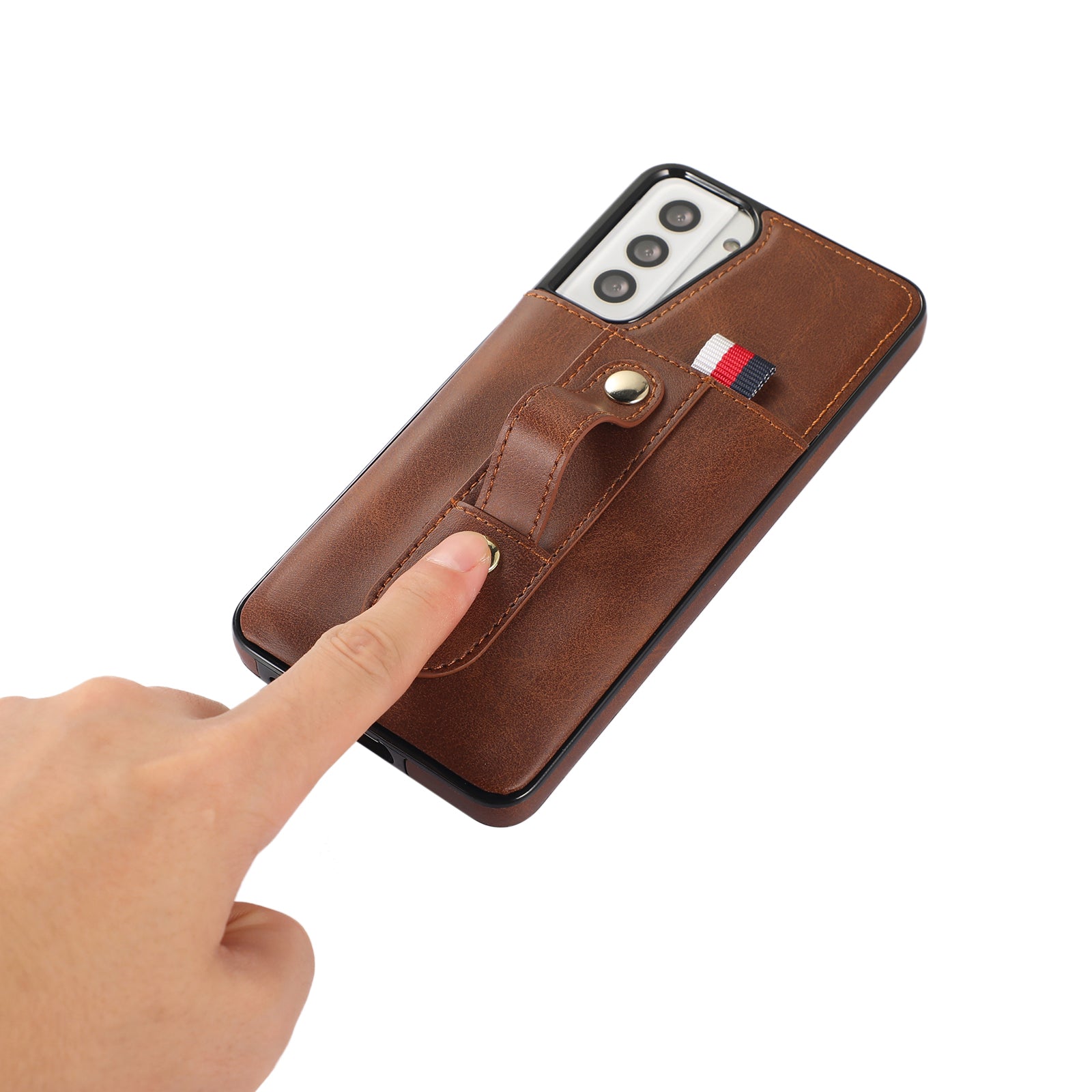 For Samsung Galaxy S21 4G / S21 5G Case Fall-proof Card Holder Phone Cover with Retractable Finger Strap - Brown