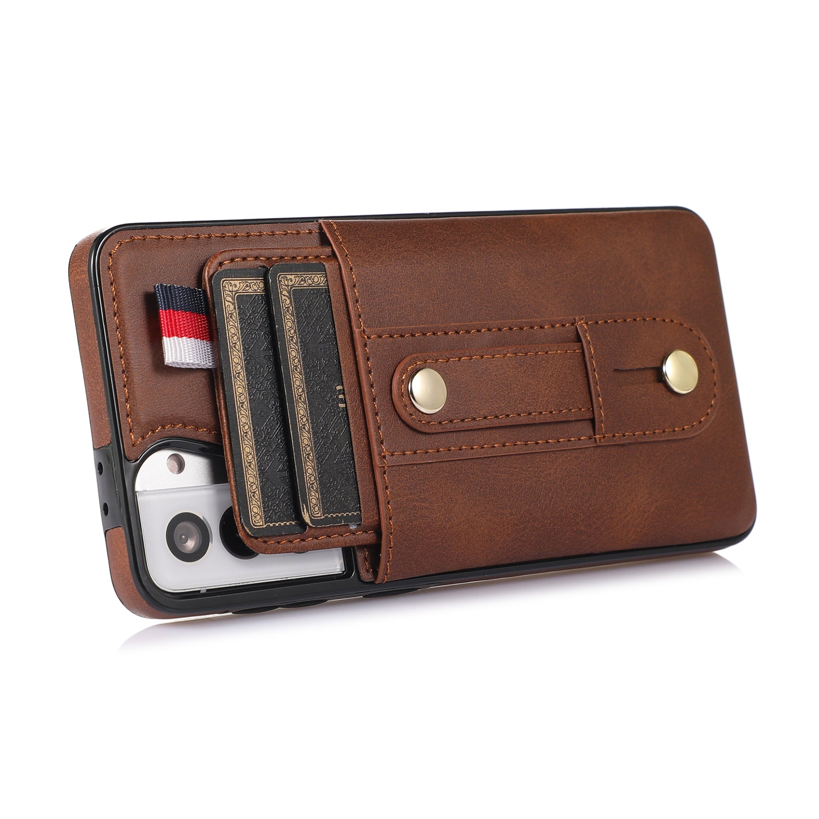For Samsung Galaxy S21 4G / S21 5G Case Fall-proof Card Holder Phone Cover with Retractable Finger Strap - Brown