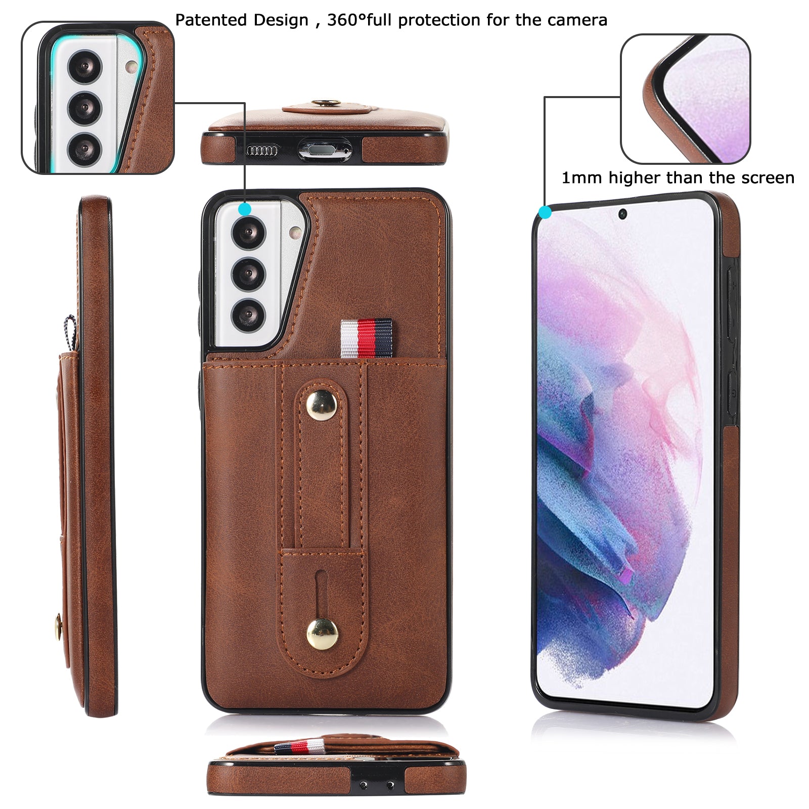 For Samsung Galaxy S21 4G / S21 5G Case Fall-proof Card Holder Phone Cover with Retractable Finger Strap - Brown