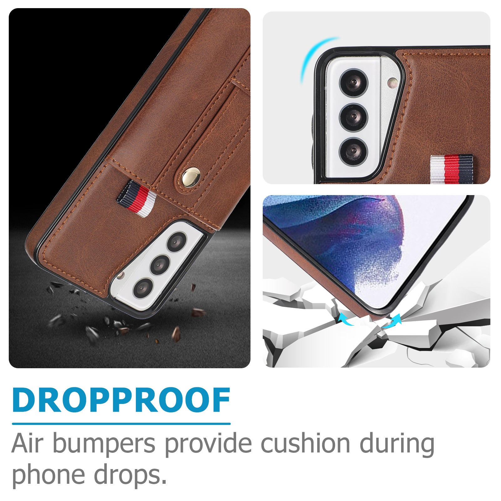 For Samsung Galaxy S21 4G / S21 5G Case Fall-proof Card Holder Phone Cover with Retractable Finger Strap - Brown