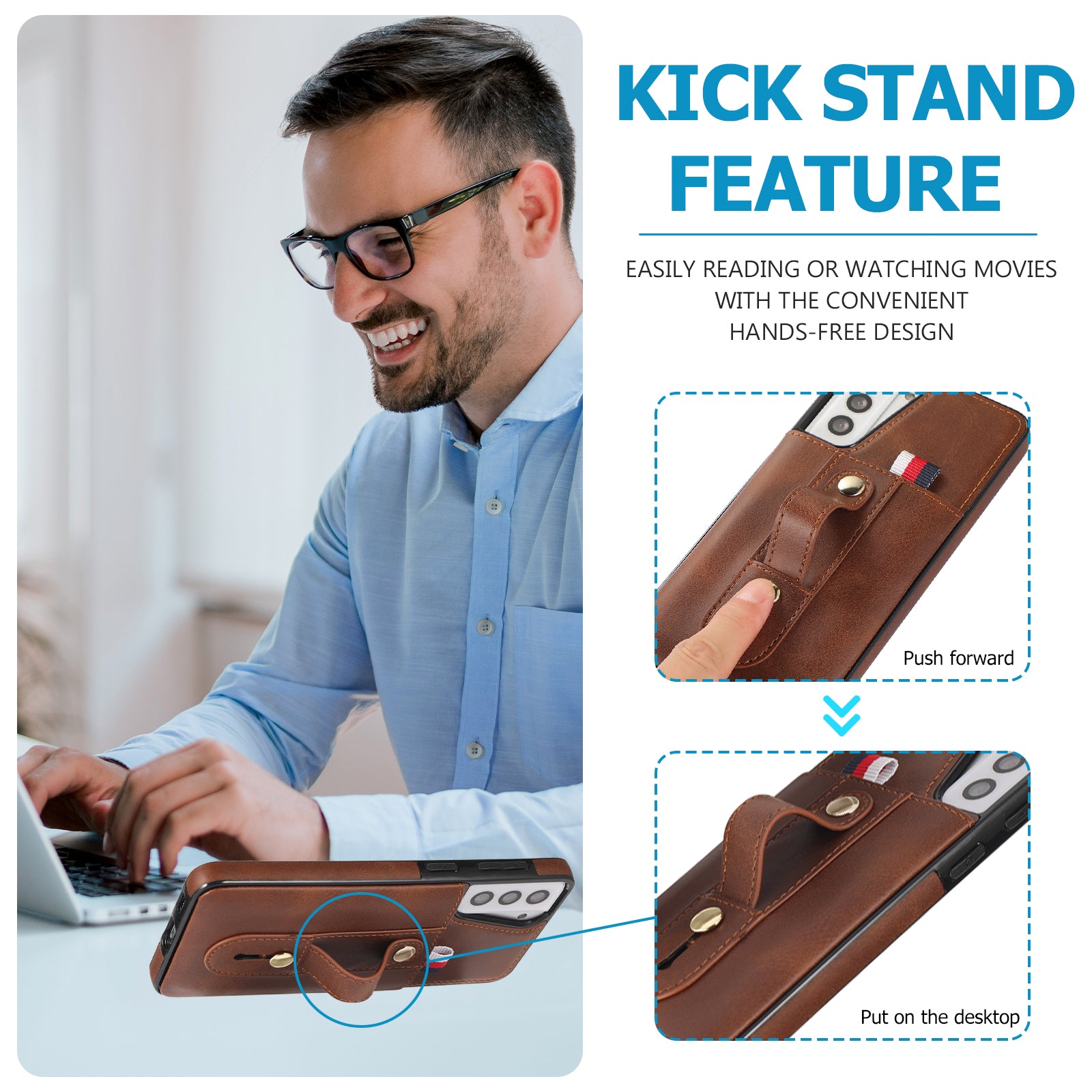 For Samsung Galaxy S21 4G / S21 5G Case Fall-proof Card Holder Phone Cover with Retractable Finger Strap - Brown