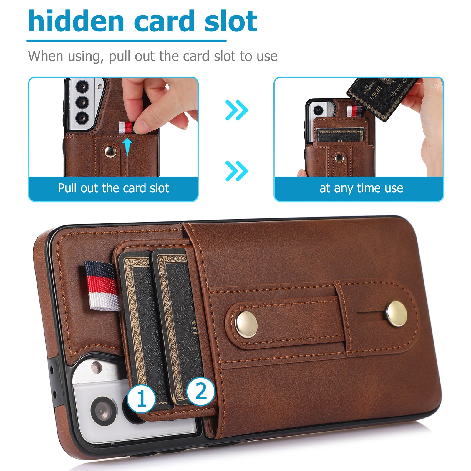 For Samsung Galaxy S21 4G / S21 5G Case Fall-proof Card Holder Phone Cover with Retractable Finger Strap - Brown