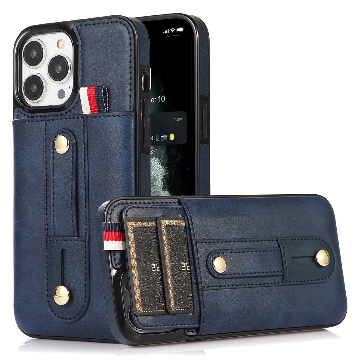 For iPhone 12 Pro Max 6.7 inch Case Drop-proof Leather+TPU Phone Cover with Retractable Finger Strap - Blue