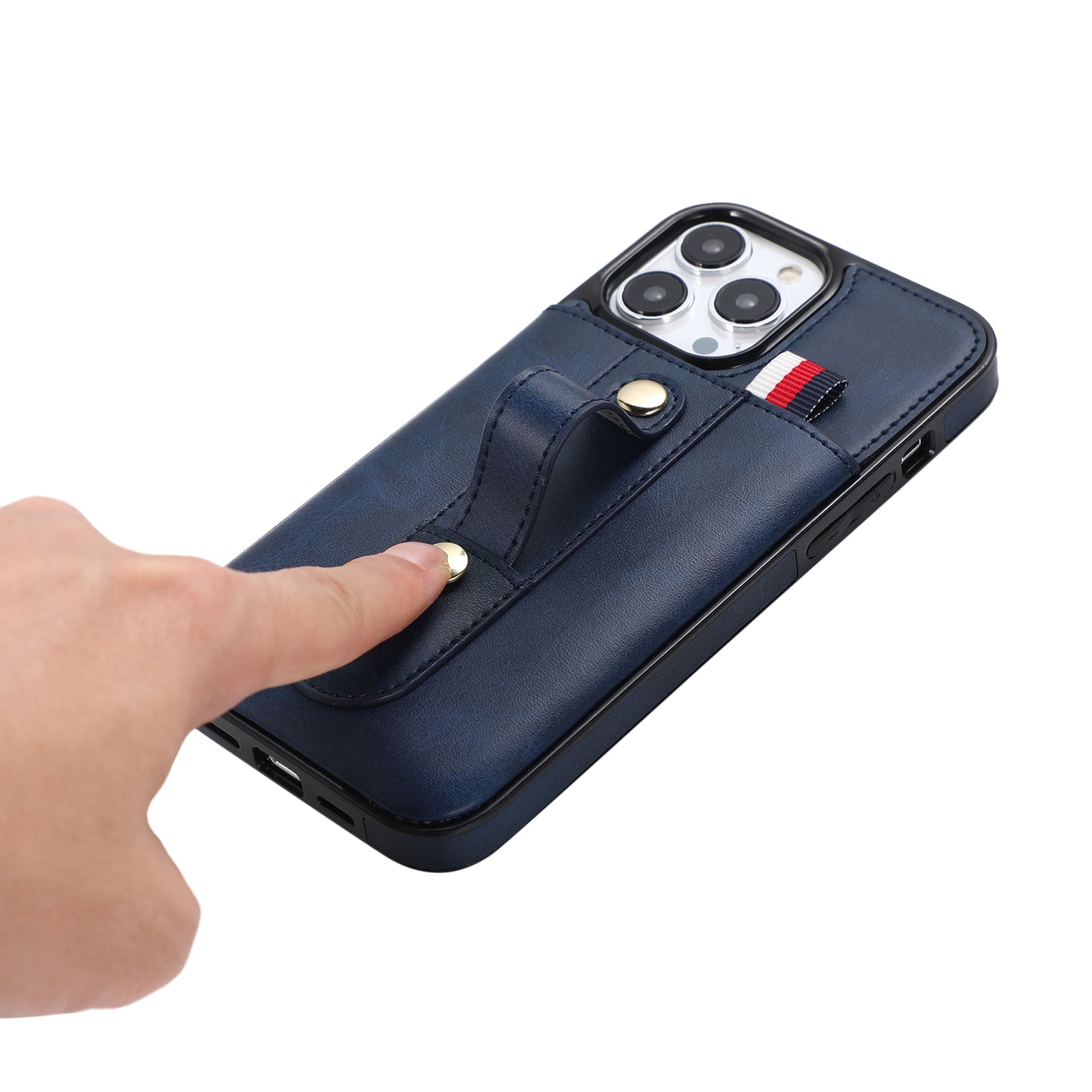 For iPhone 12 Pro Max 6.7 inch Case Drop-proof Leather+TPU Phone Cover with Retractable Finger Strap - Blue