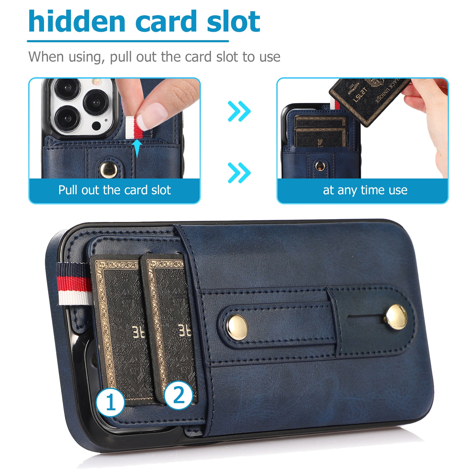 For iPhone 12 Pro Max 6.7 inch Case Drop-proof Leather+TPU Phone Cover with Retractable Finger Strap - Blue