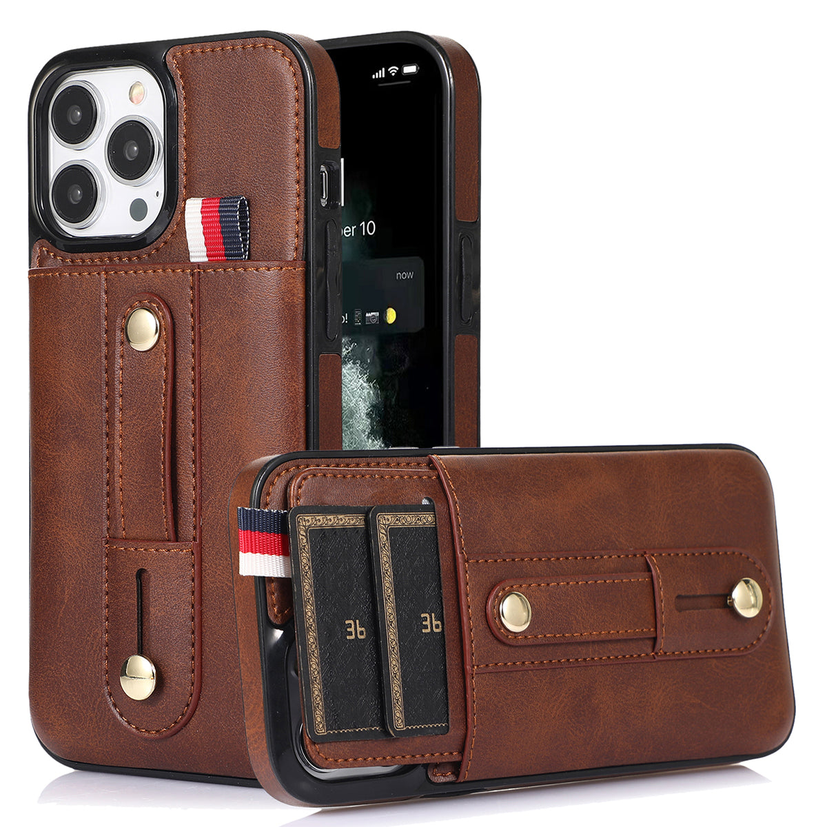 For iPhone 12 Pro Max 6.7 inch Case Drop-proof Leather+TPU Phone Cover with Retractable Finger Strap - Blue